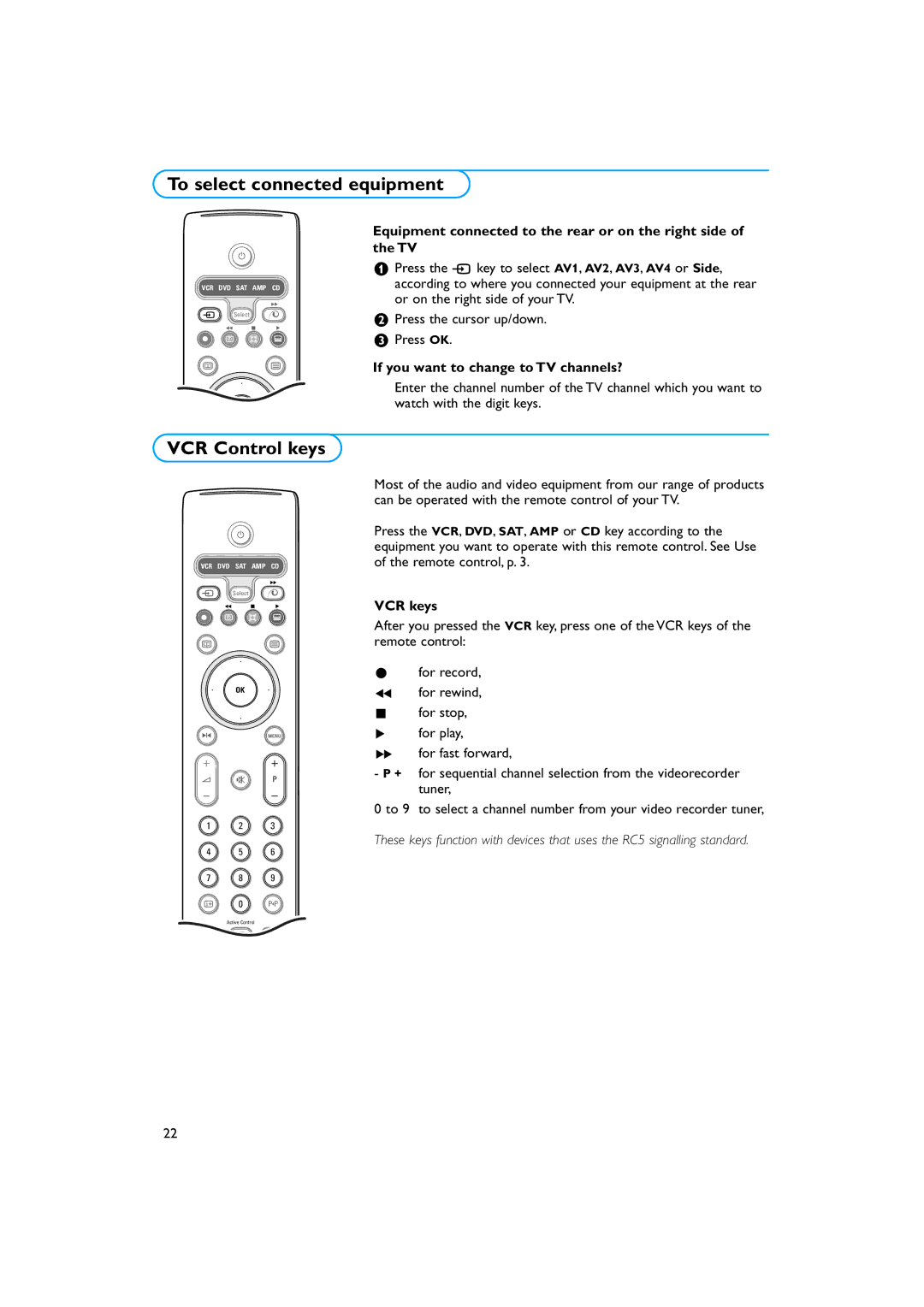 Philips 34PT9421 /93 To select connected equipment, VCR Control keys, If you want to change to TV channels?, VCR keys 