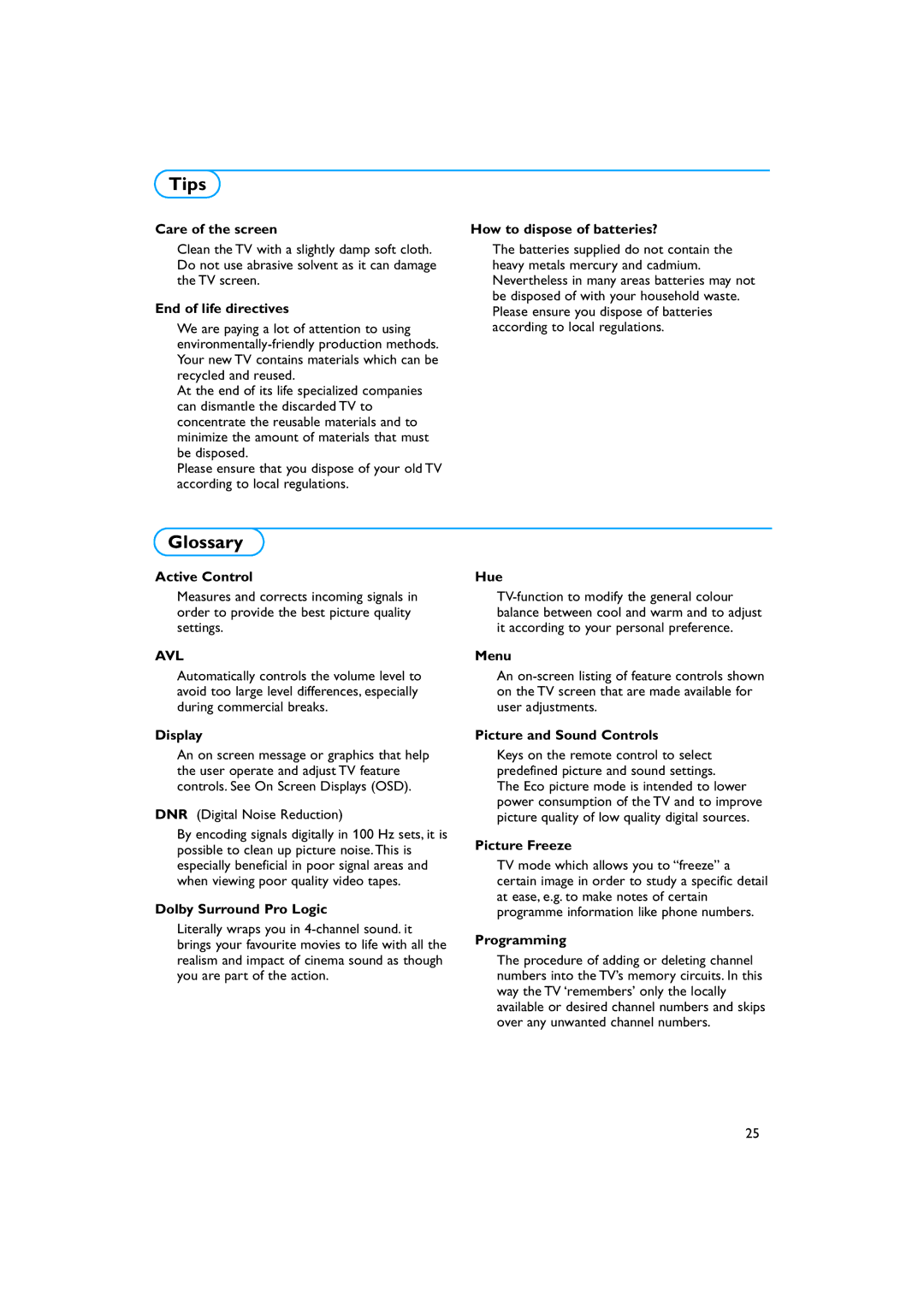 Philips 34PT9421 /93 manual Tips, Glossary 