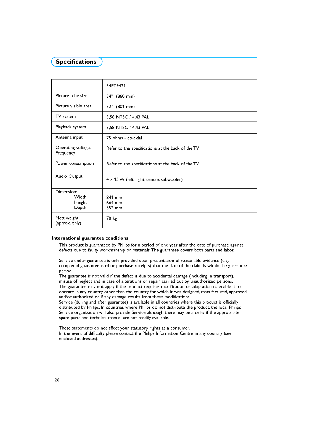 Philips 34PT9421 /93 manual Specifications, International guarantee conditions 