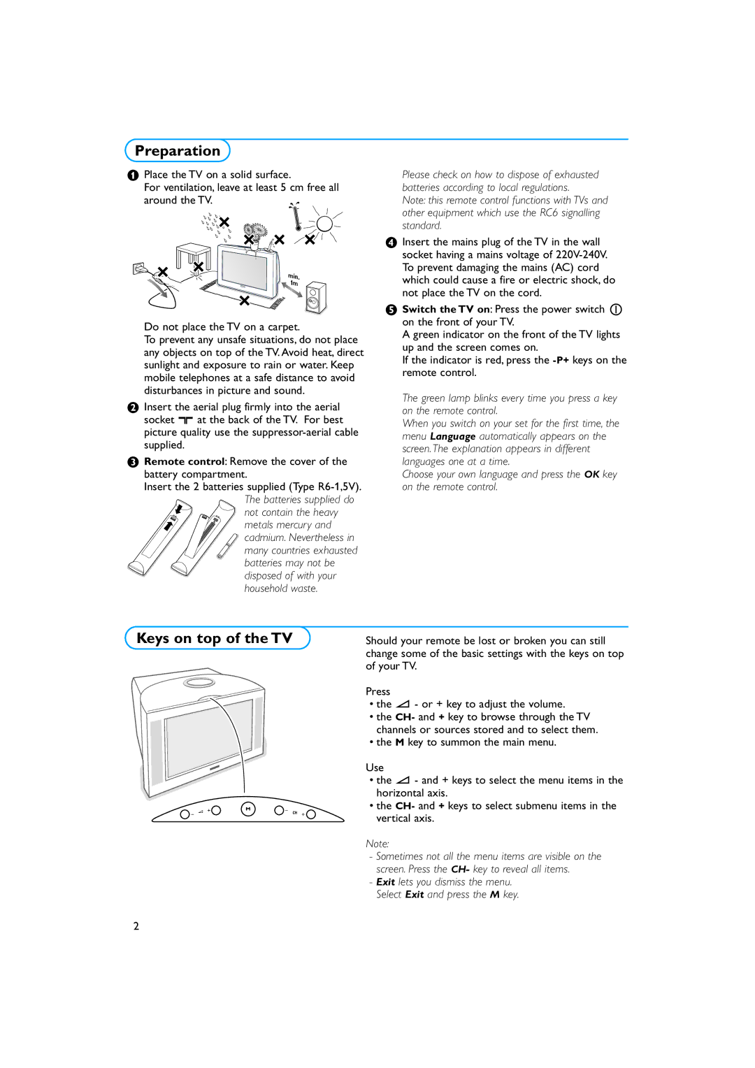 Philips 34PT9421 /93 manual Preparation, Keys on top of the TV, Do not place the TV on a carpet 