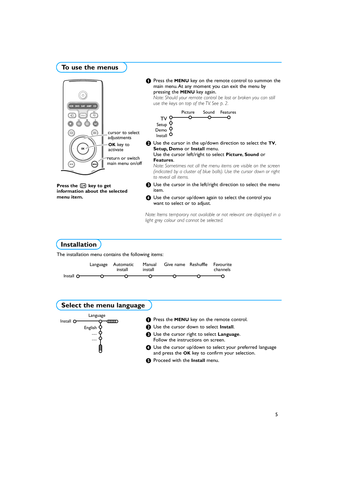 Philips 34PT9421 /93 manual To use the menus, Installation, Select the menu language, Proceed with the Install menu 