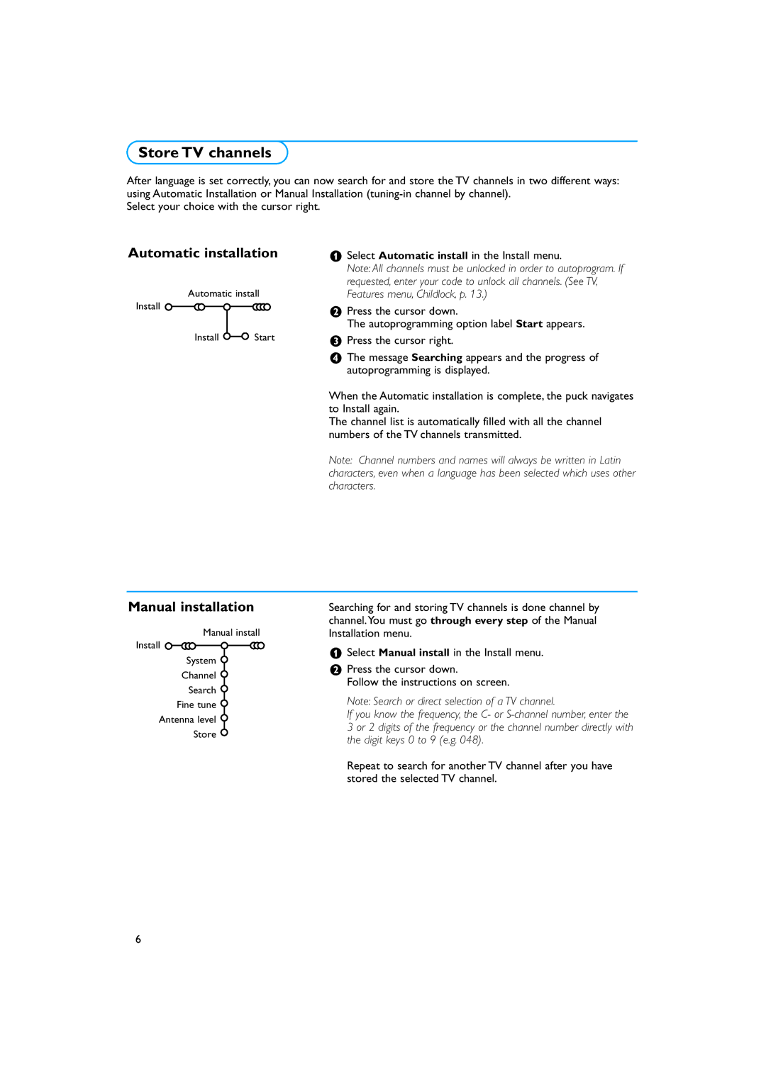 Philips 34PT9421 /93 manual Store TV channels, Automatic installation, Manual installation 