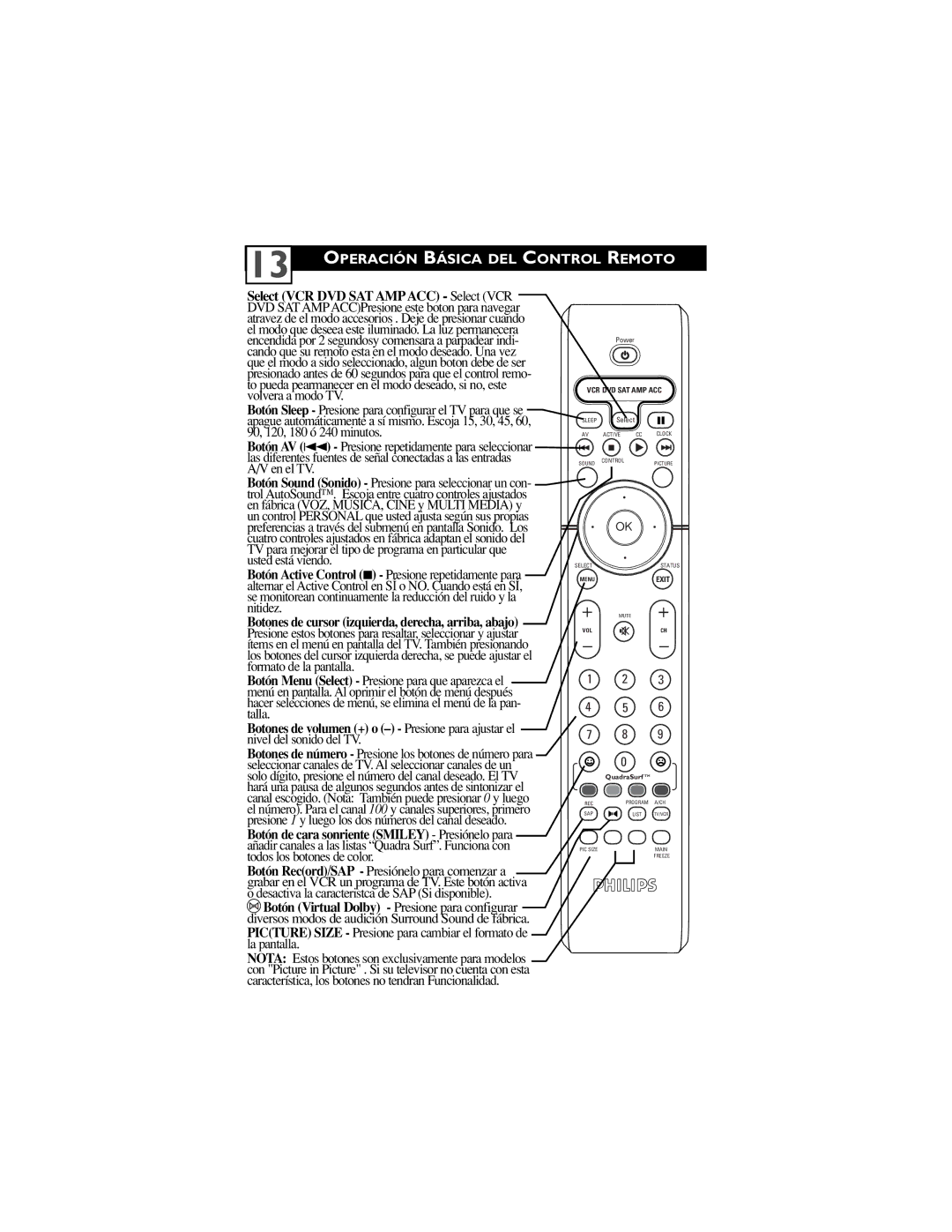 Philips 34PW850H/37 Operación Básica DEL Control Remoto, Picture Size Presione para cambiar el formato de la pantalla 