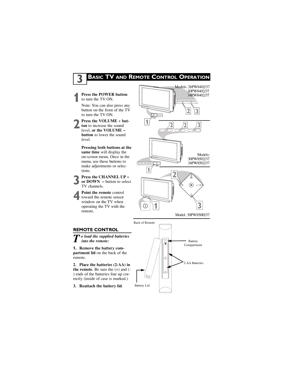 Philips 34PW850H/37 manual Basic TV and Remote Control Operation, Button to lower the sound level, Reattach the battery lid 