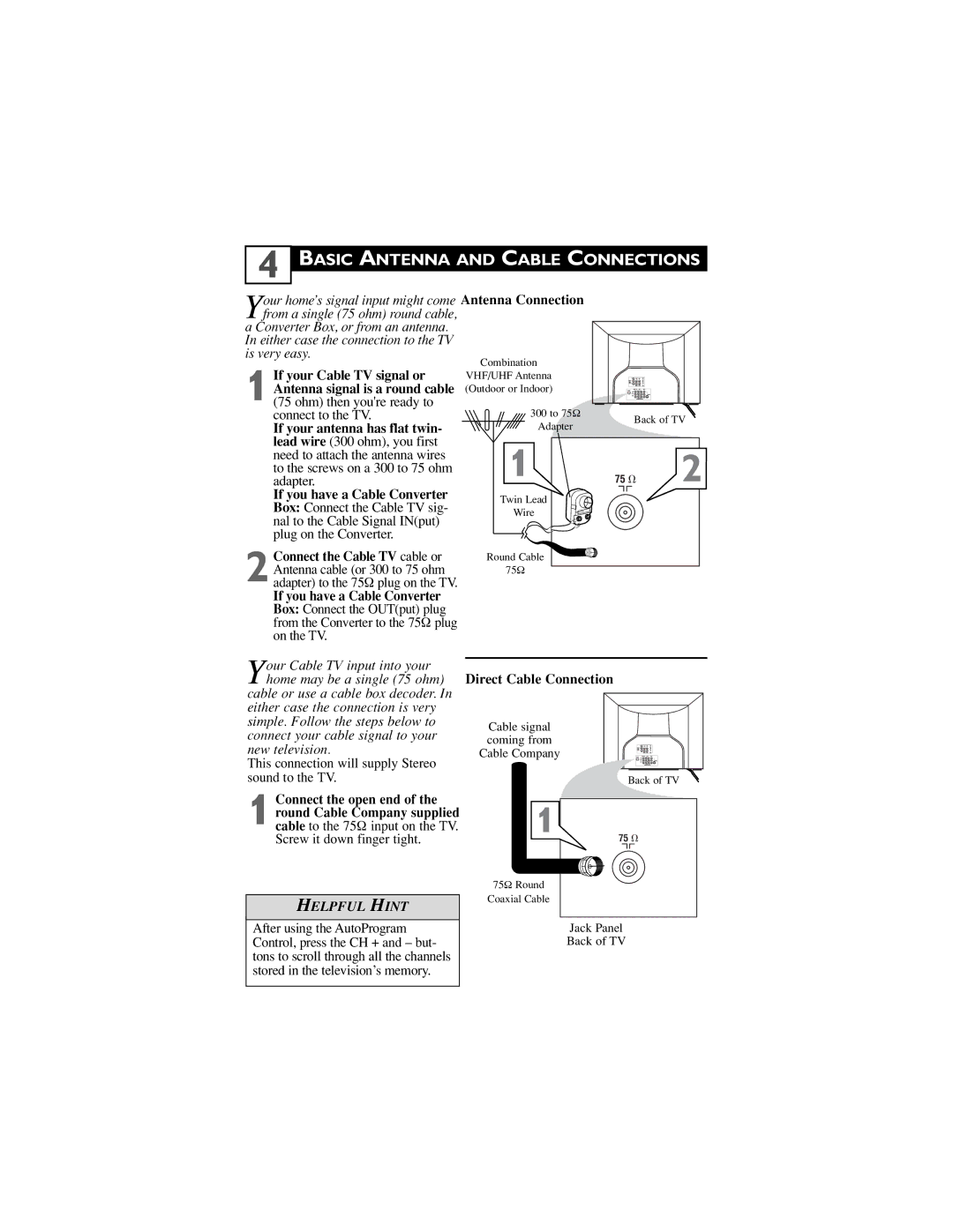 Philips 34PW850H/37 manual Basic Antenna and Cable Connections, Direct Cable Connection 