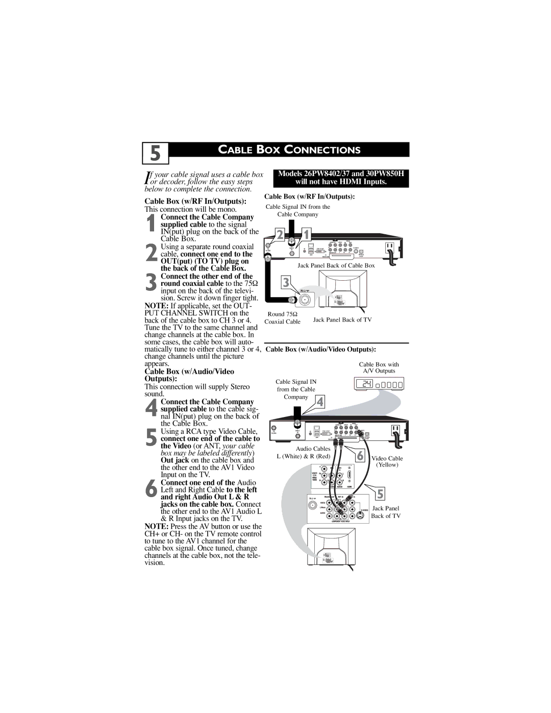 Philips 34PW850H/37 manual Cable BOX Connections, Cable Box w/RF In/Outputs, This connection will be mono 