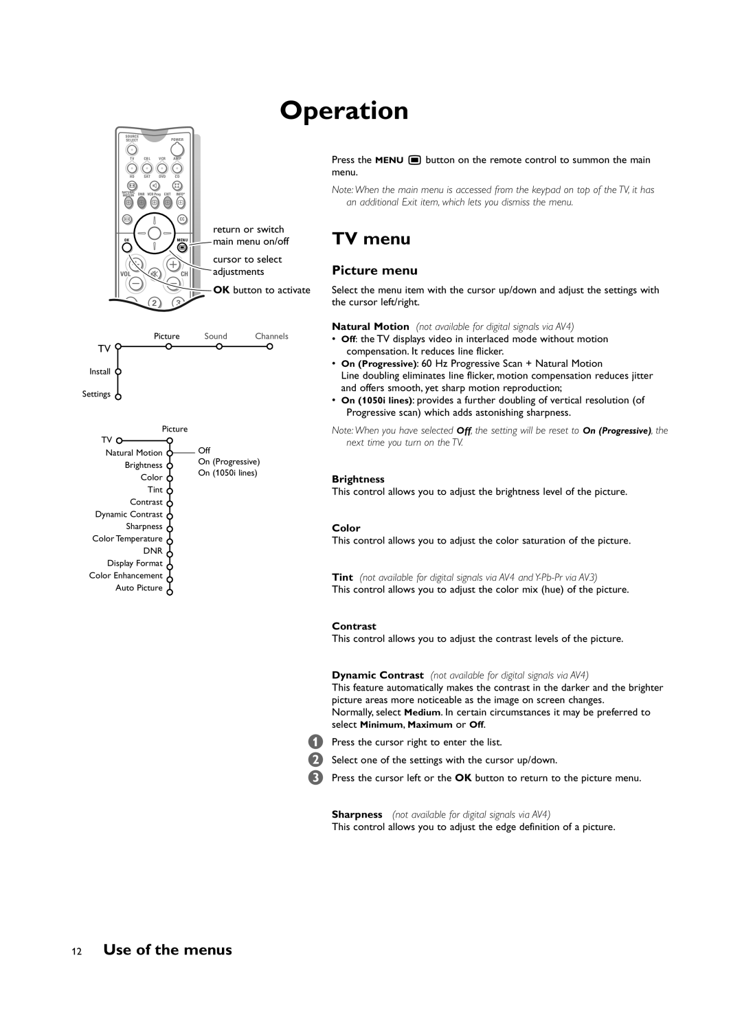 Philips 34PW981799 user service Use of the menus, Picture menu, Brightness, Color, Contrast 