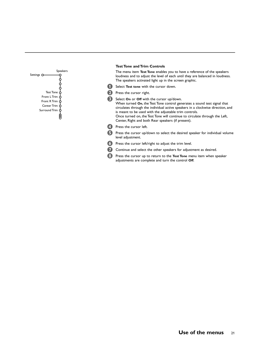 Philips 34PW981799 user service Test Tone and Trim Controls 