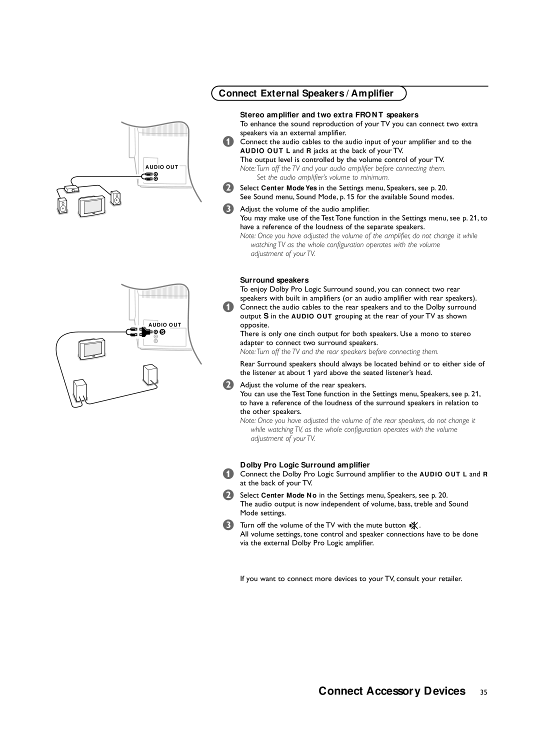 Philips 34PW981799 user service Connect External Speakers / Amplifier, Stereo amplifier and two extra Front speakers 