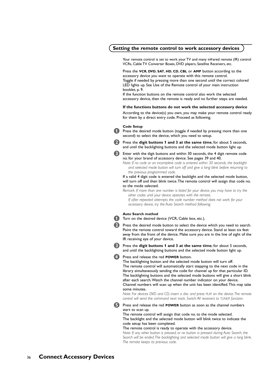 Philips 34PW981799 user service Setting the remote control to work accessory devices 