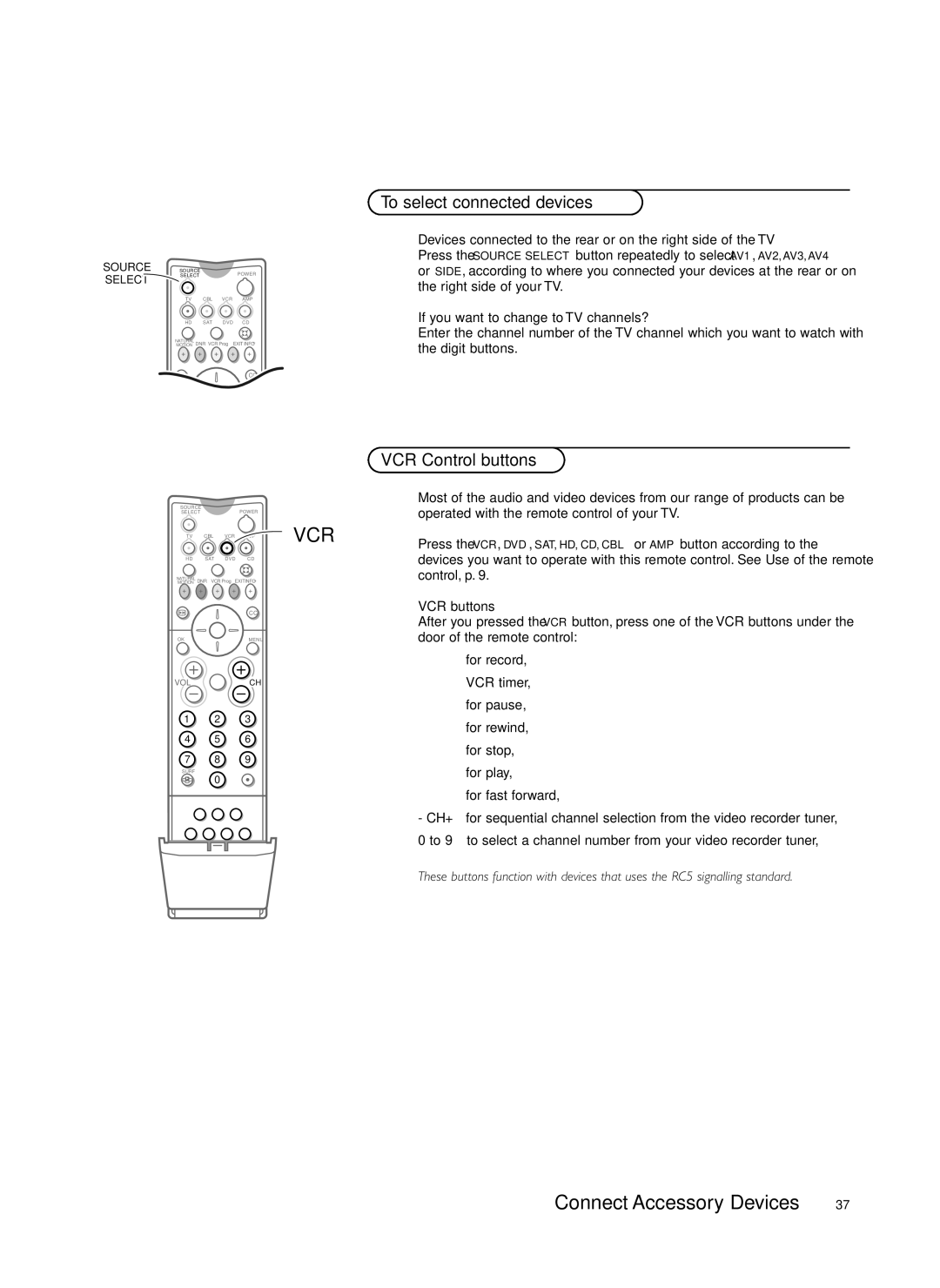 Philips 34PW981799 user service To select connected devices, VCR Control buttons, VCR buttons 