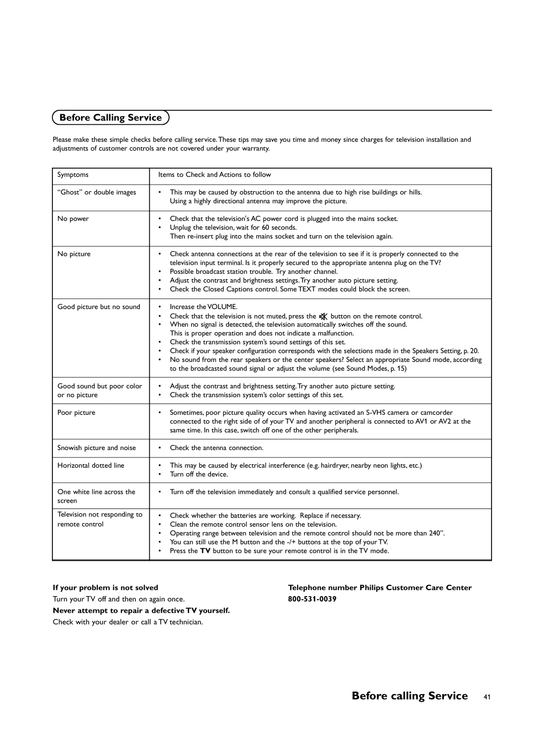 Philips 34PW981799 user service Before calling Service, Before Calling Service, If your problem is not solved 