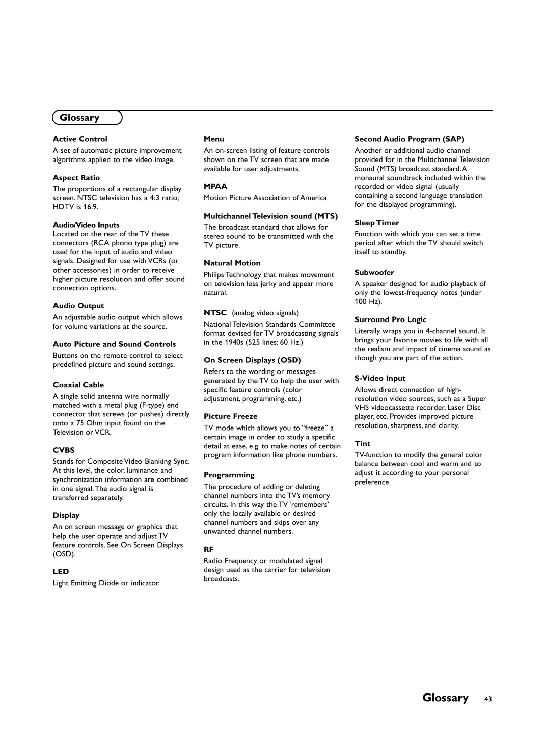 Philips 34PW981799 user service Glossary, Cvbs, Led, Mpaa 