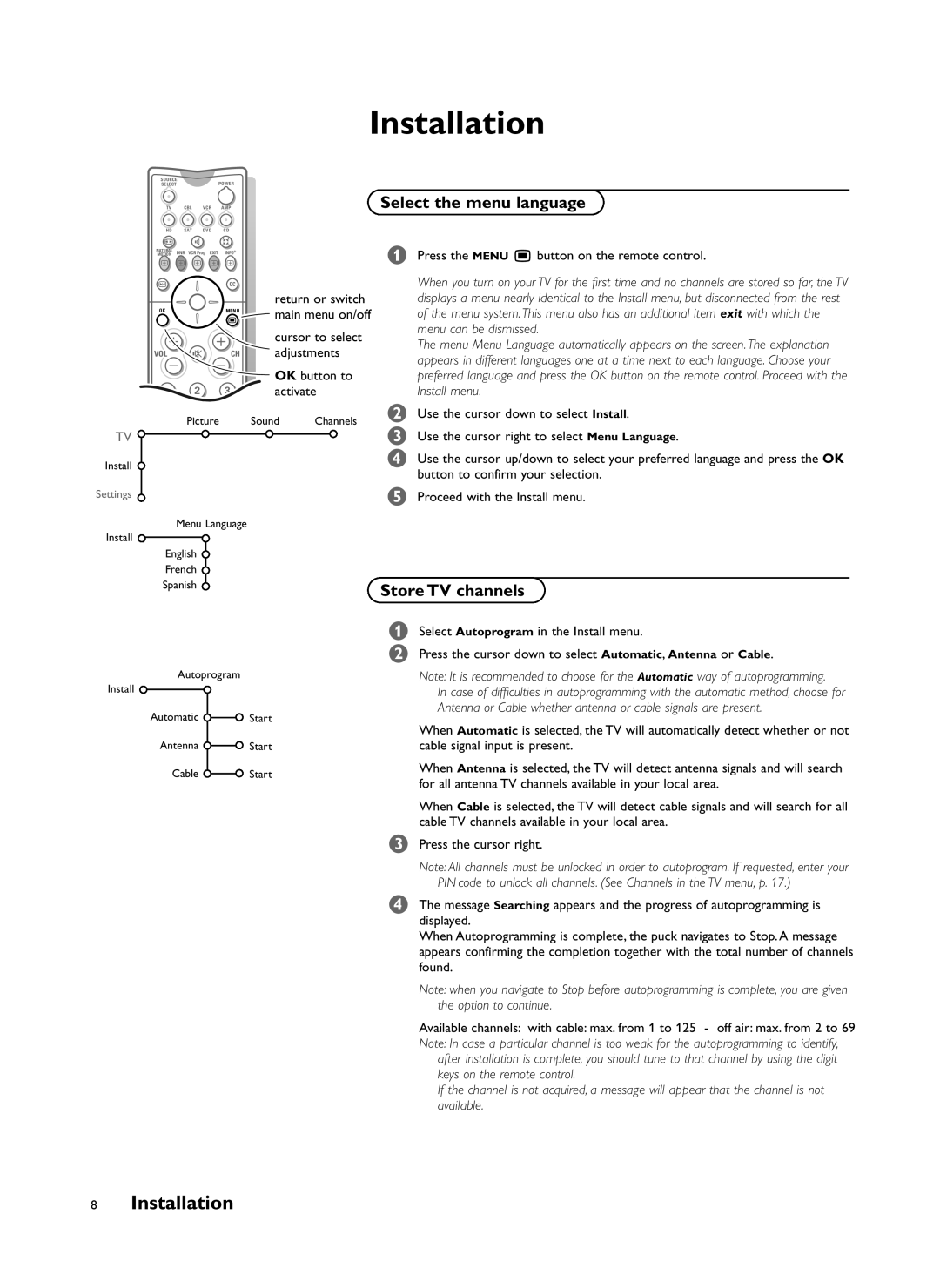 Philips 34PW981799 user service Installation, Select the menu language, Store TV channels 