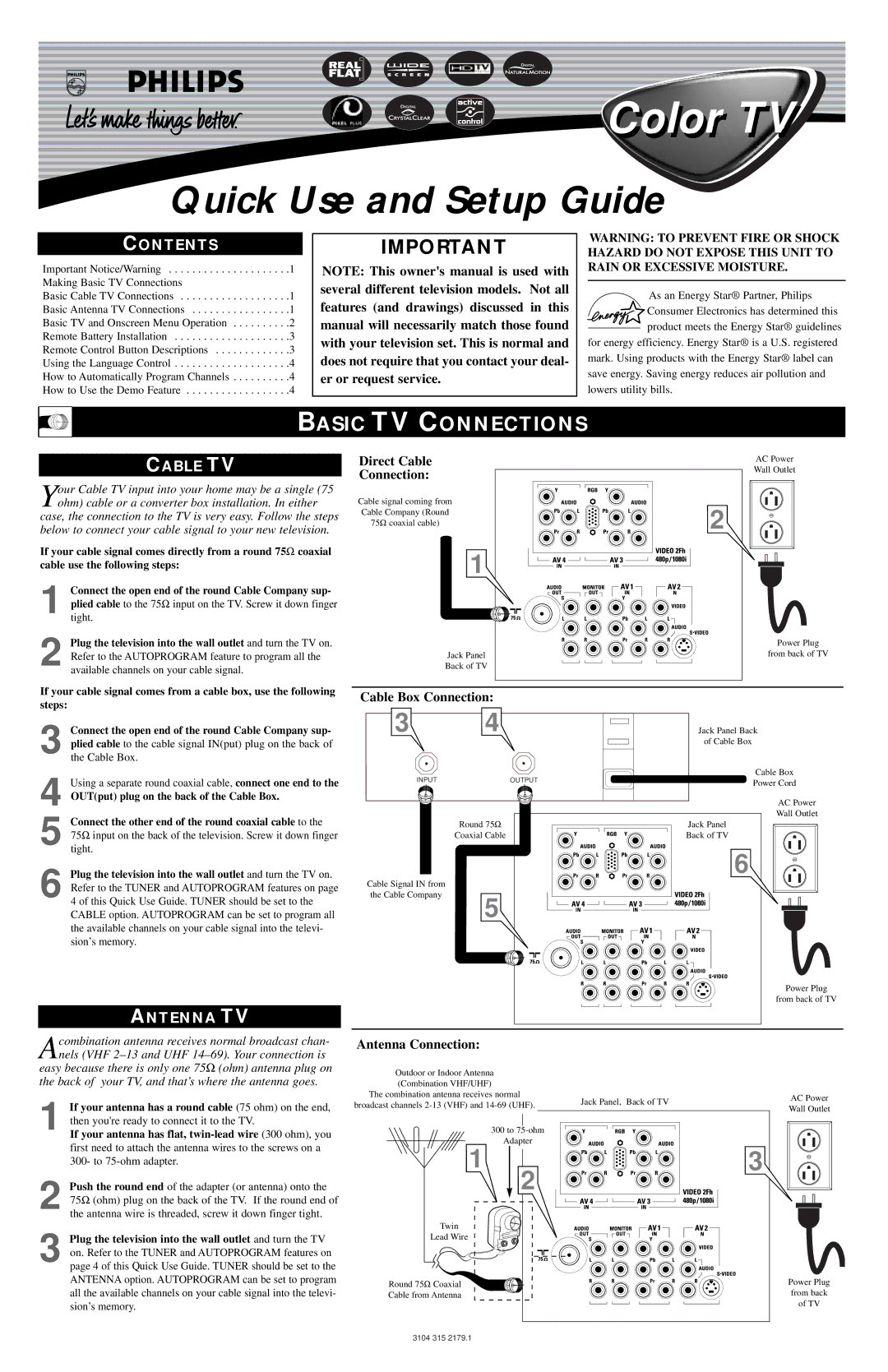 Philips 34PW9818 setup guide Contents, Cable TV, Antenna TV 