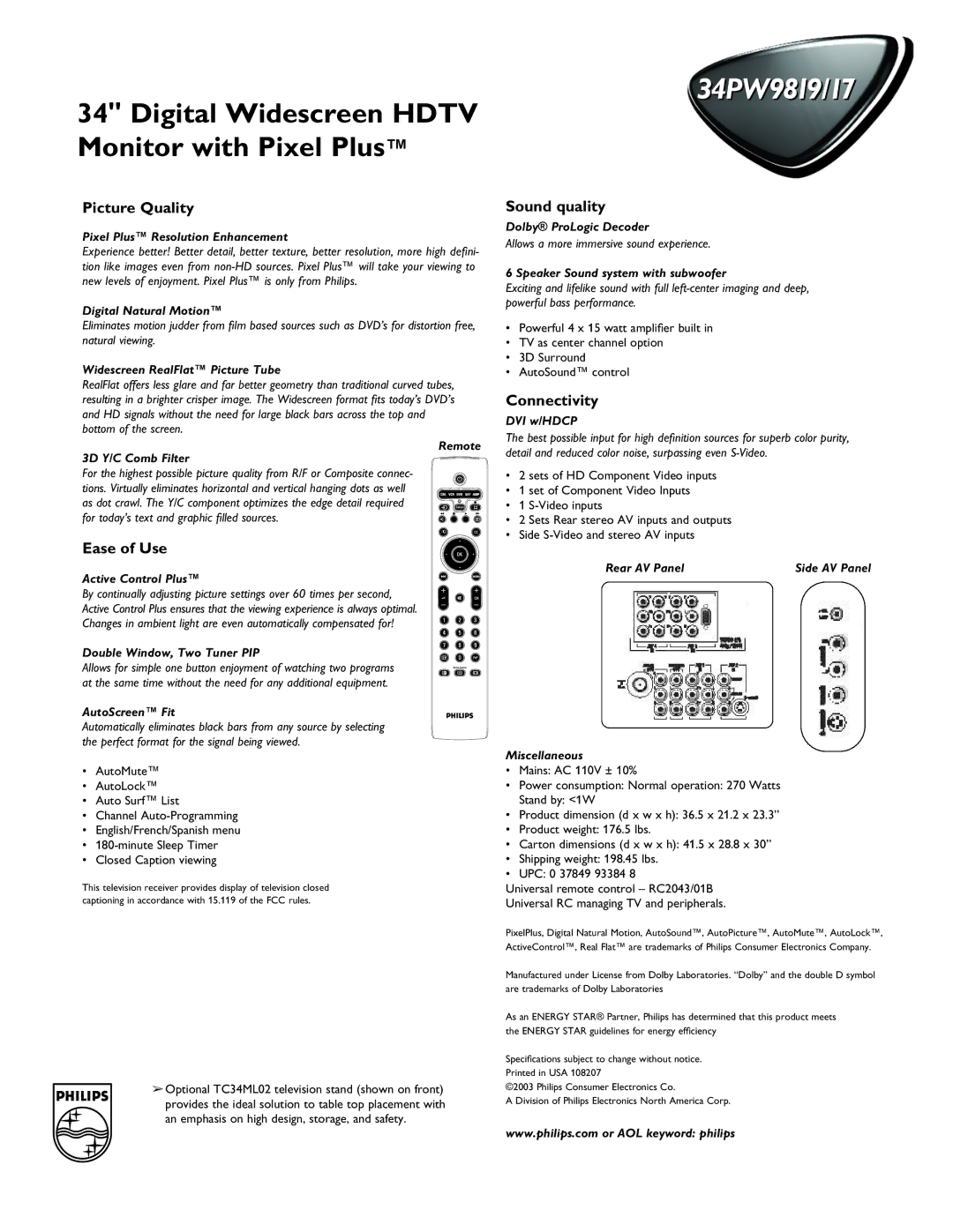 Philips 34PW9819/17 manual Picture Quality, Ease of Use, Sound quality, Connectivity 