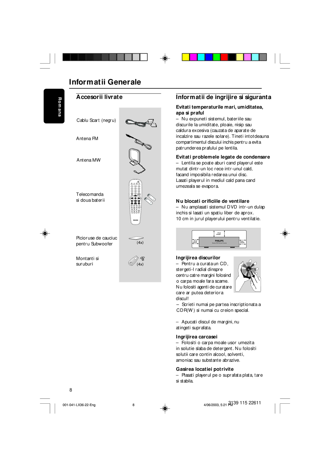 Philips 3600D manual Informatii Generale, Informatii de ingrijire si siguranta, Accesorii livrate 