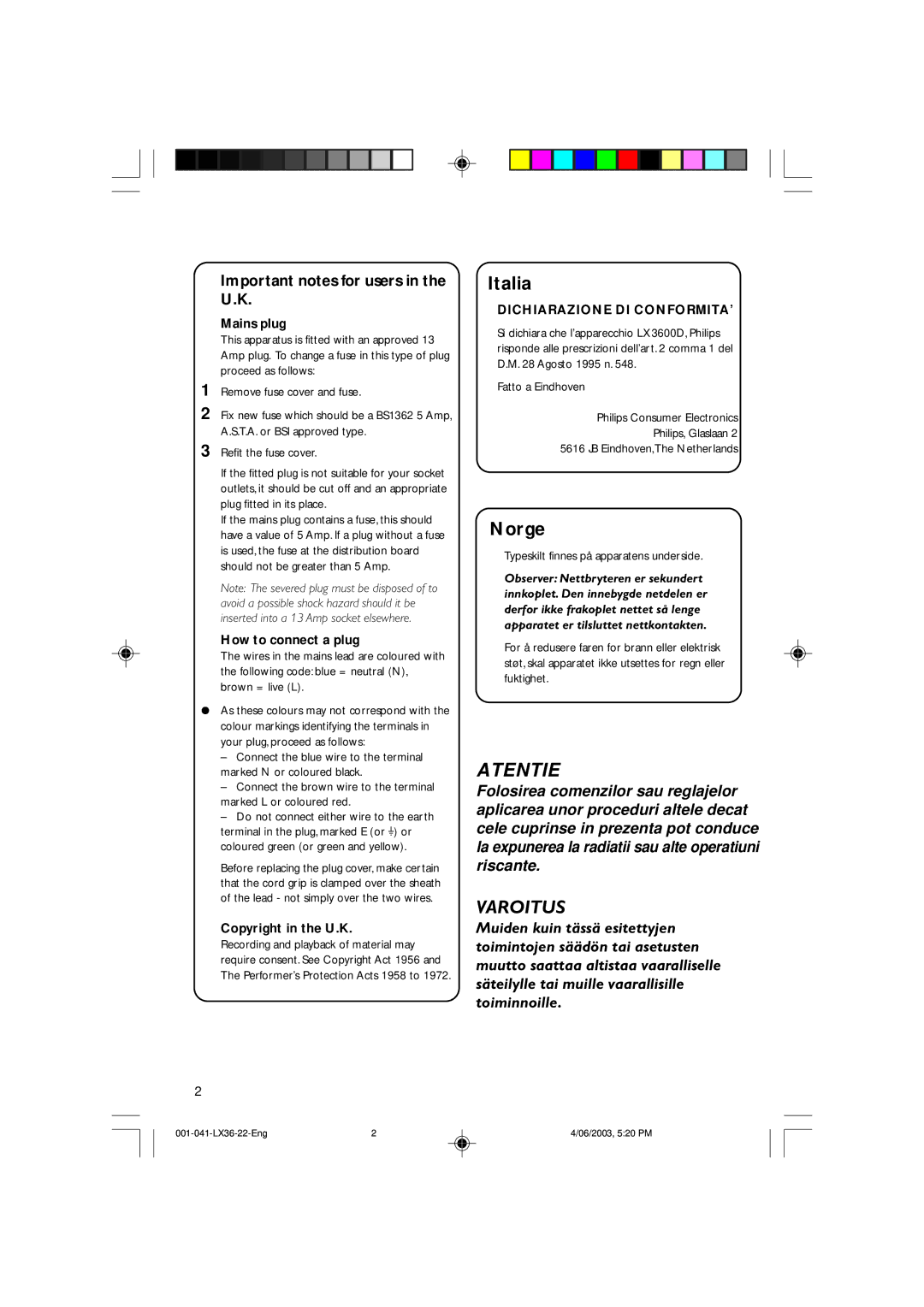 Philips 3600D manual Important notes for users in the U.K, Mains plug 