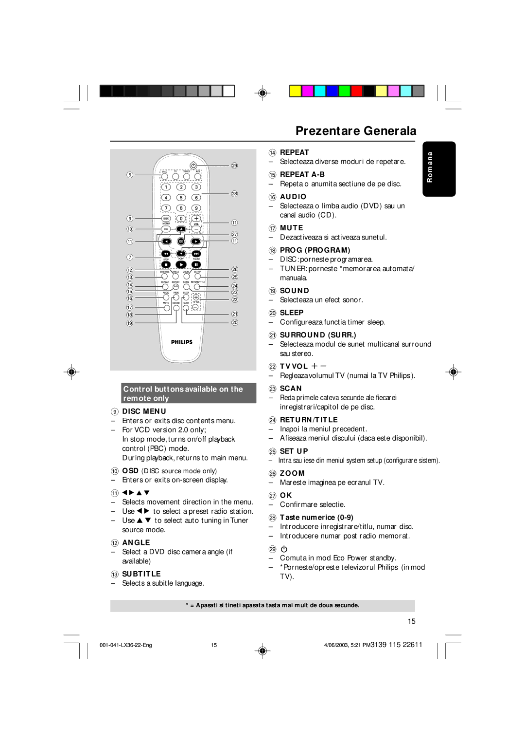 Philips 3600D manual Control buttons available on the remote only, Selecteaza diverse moduri de repetare 