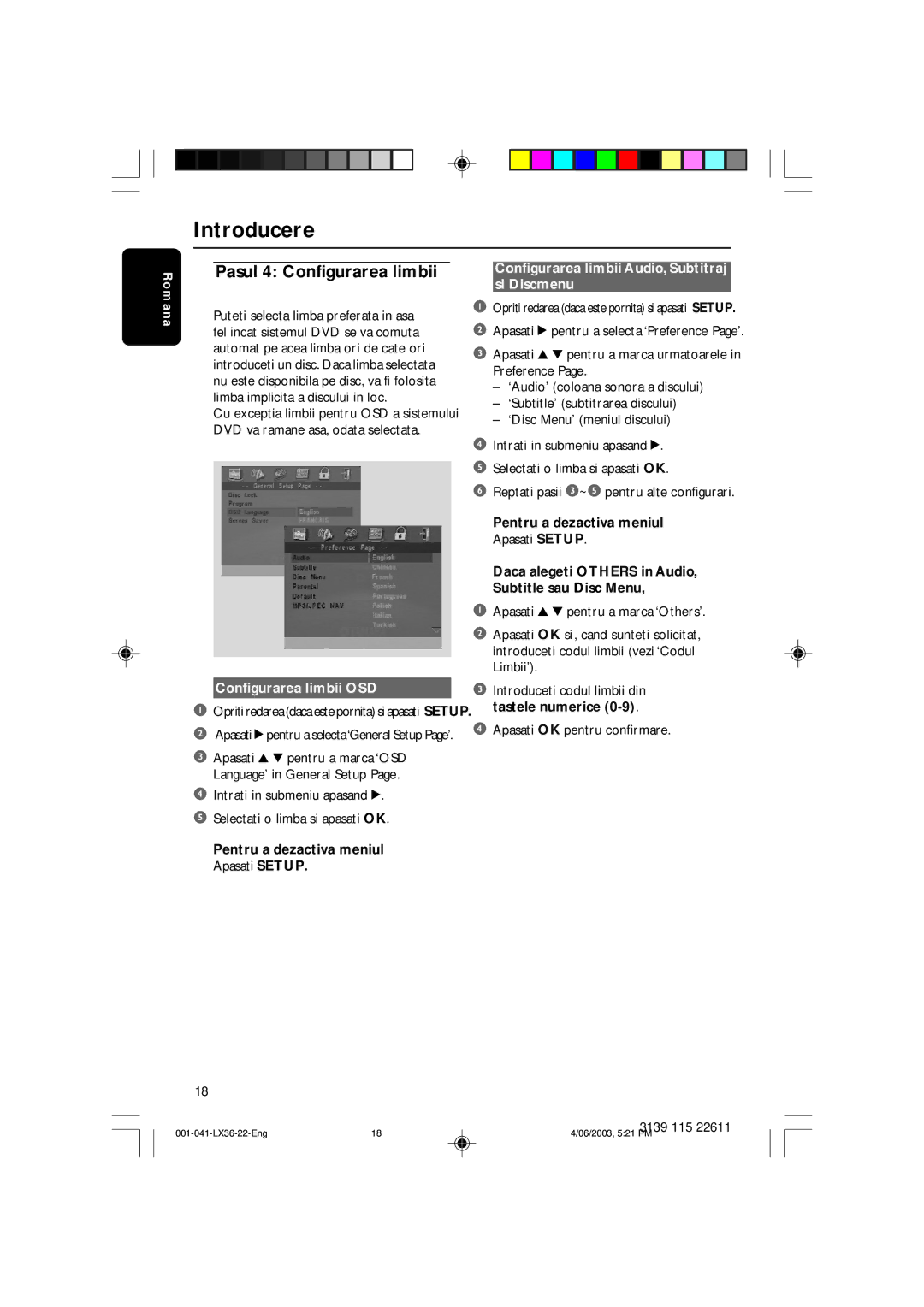 Philips 3600D manual Configurarea limbii Audio, Subtitraj, Si Discmenu, Configurarea limbii OSD 