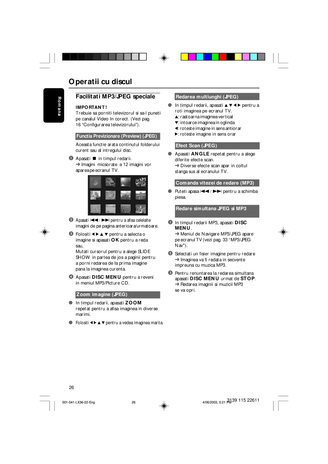 Philips 3600D manual Facilitati MP3/JPEG speciale 