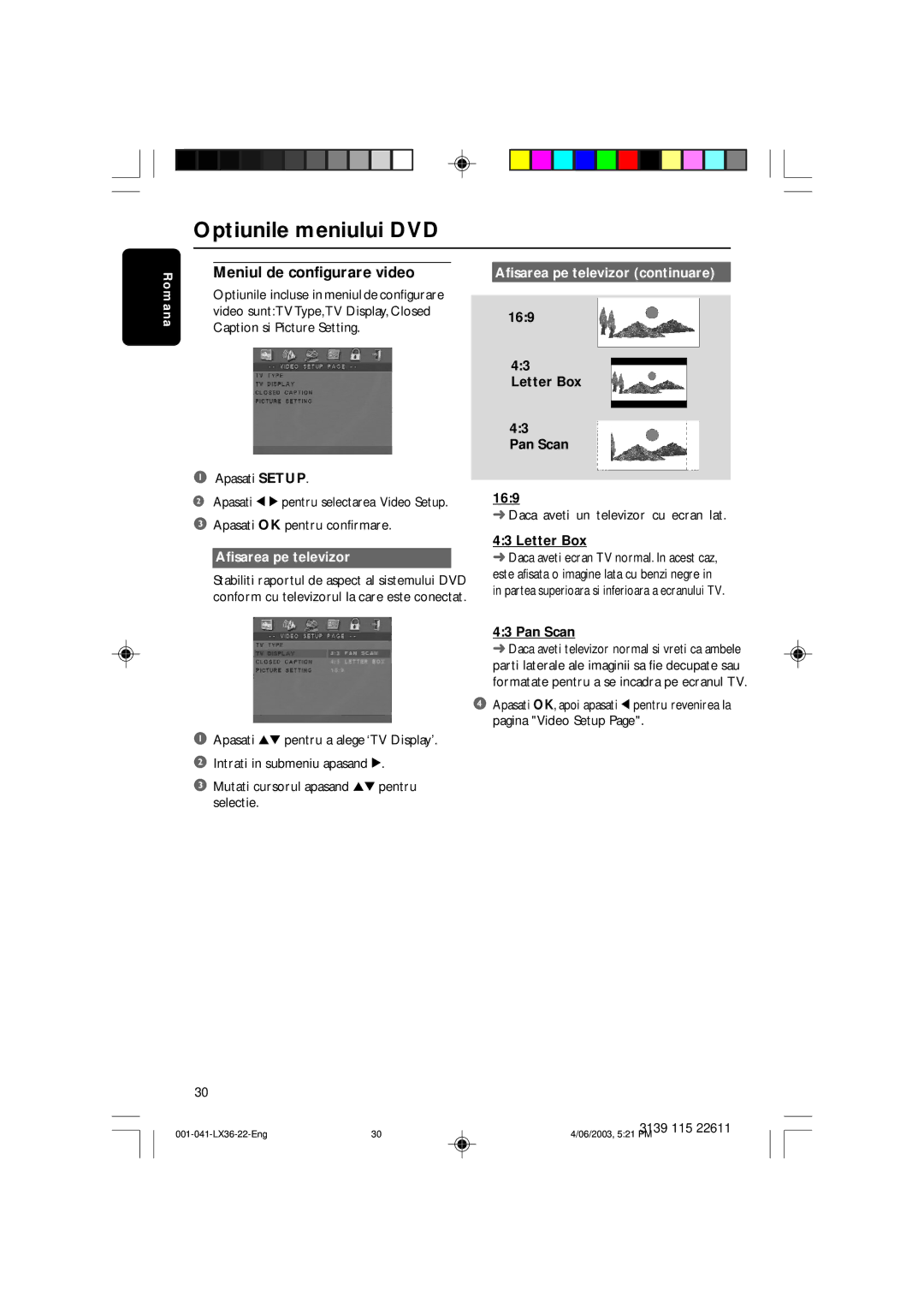 Philips 3600D manual Meniul de configurare video, Afisarea pe televizor continuare, Letter Box Pan Scan, 169 