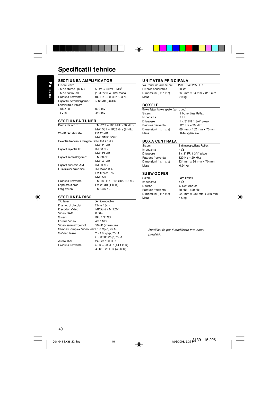 Philips 3600D manual Specificatii tehnice, Sectiunea Amplificator Unitatea Principala 