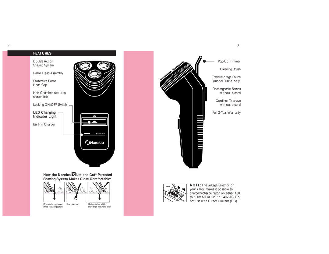 Philips 3601X, 3605x, 3604X manual Features, LED Charging Indicator Light, Built-In Charger, Pop-Up Trimmer Cleaning Brush 