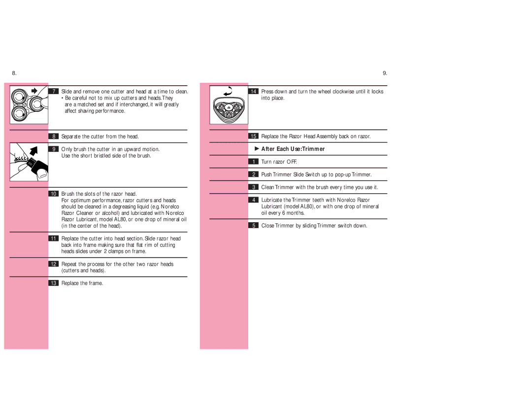 Philips 3601X, 3605x, 3604X manual Slide and remove one cutter and head at a time to clean, After Each UseTrimmer 