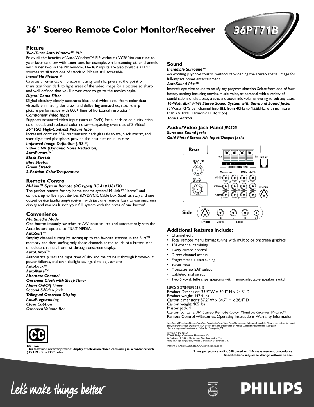 Philips 36PT 71B manual Picture, Sound, Audio/Video Jack Panel JP0523, Rear, Remote Control, Convenience, Side 