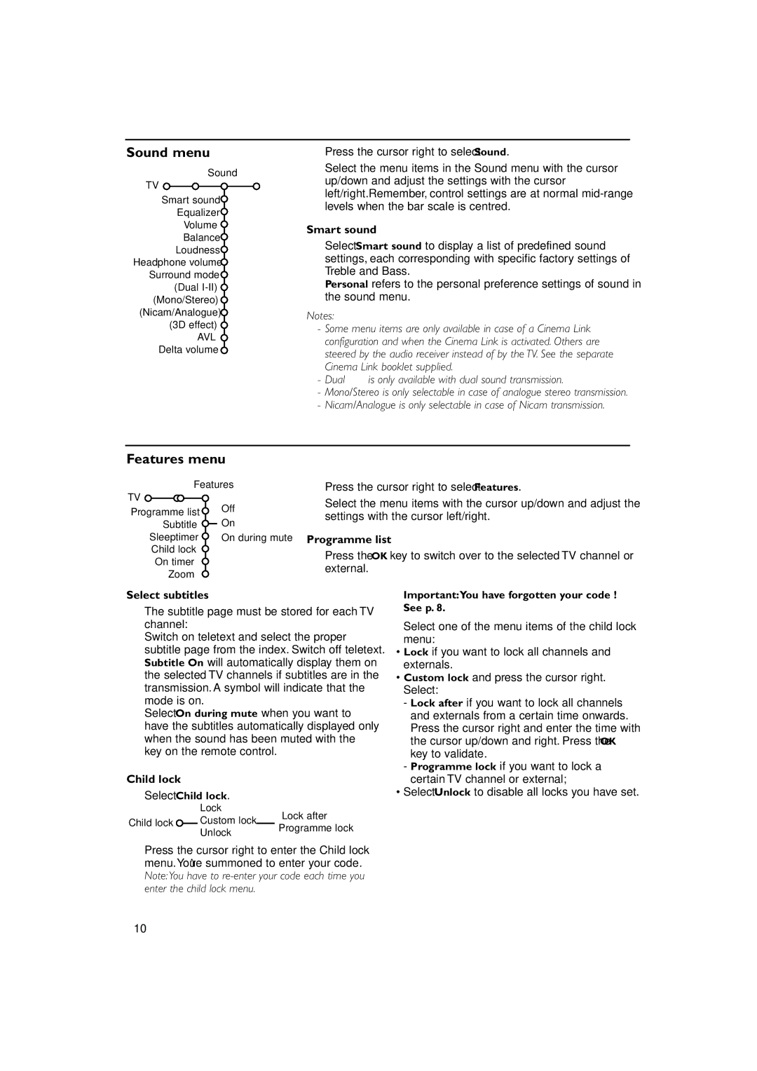 Philips 36PW 9308, 32PW 9308 manual Sound menu, Features menu 