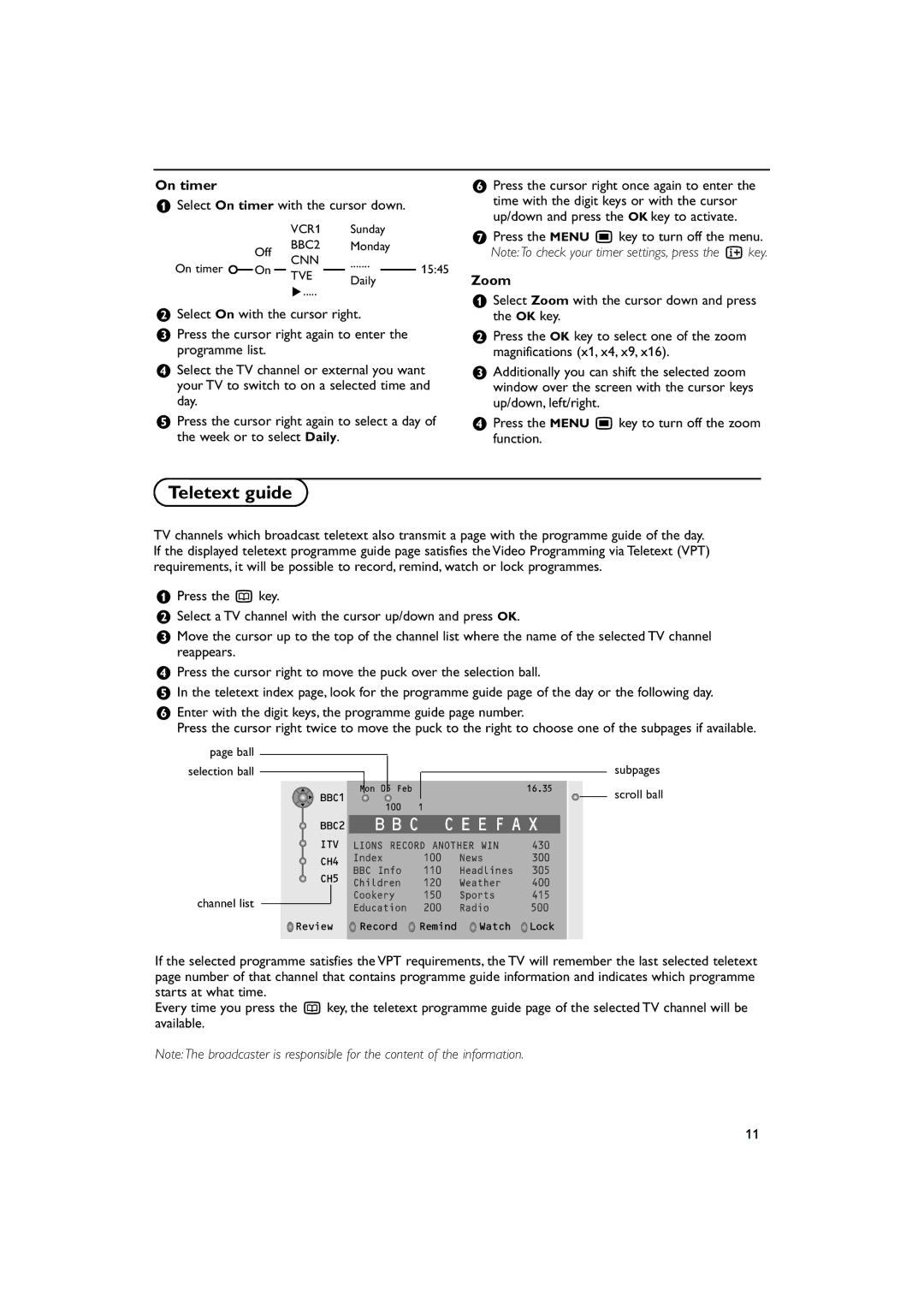 Philips 32PW 9308, 36PW 9308 manual Teletext guide, Select On timer with the cursor down, Zoom 