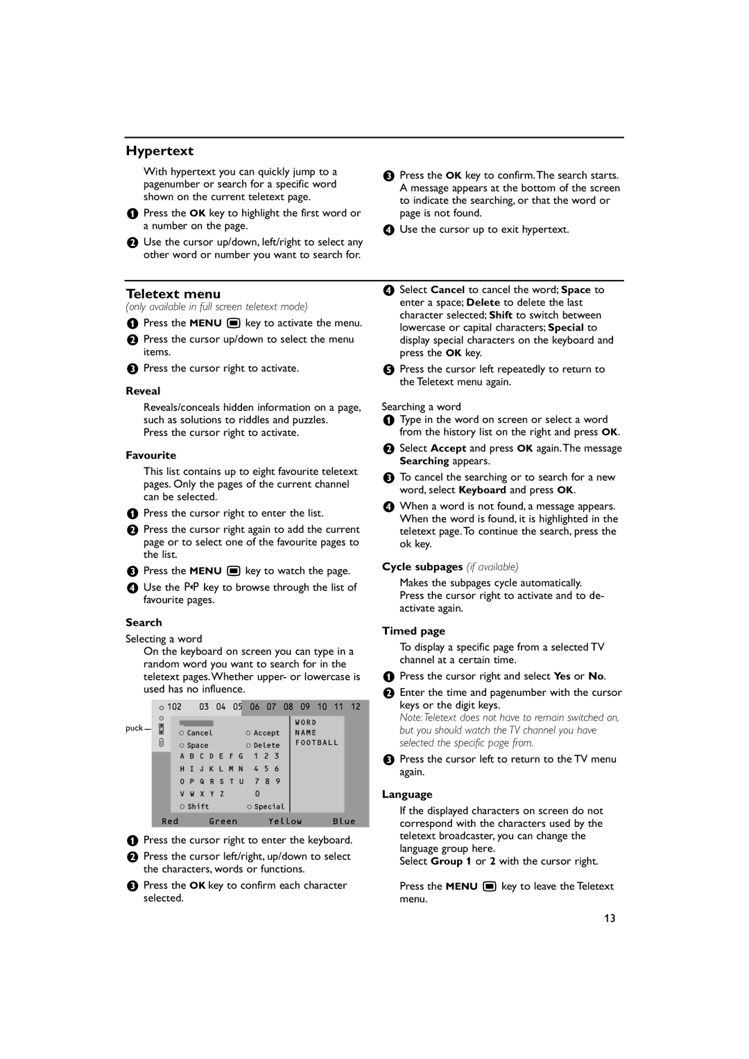 Philips 32PW 9308, 36PW 9308 manual Hypertext, Teletext menu 