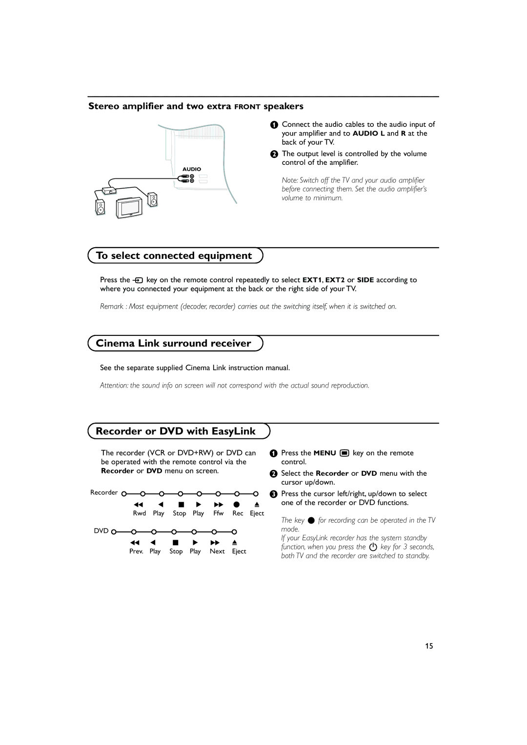 Philips 32PW 9308, 36PW 9308 To select connected equipment, Cinema Link surround receiver Recorder or DVD with EasyLink 