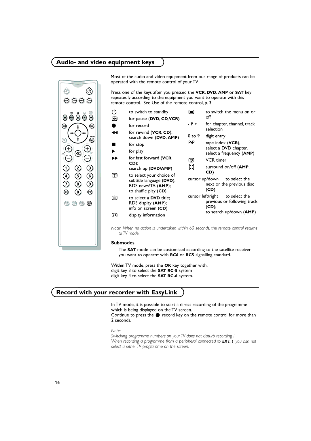 Philips 36PW 9308, 32PW 9308 manual Audio- and video equipment keys, Record with your recorder with EasyLink, Submodes 