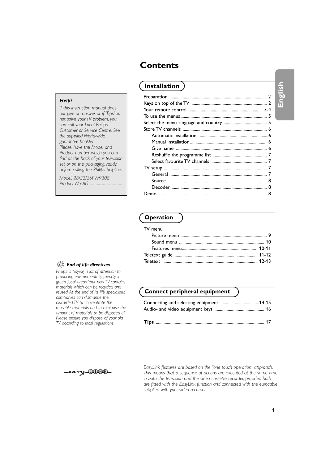 Philips 32PW 9308, 36PW 9308 manual Contents 