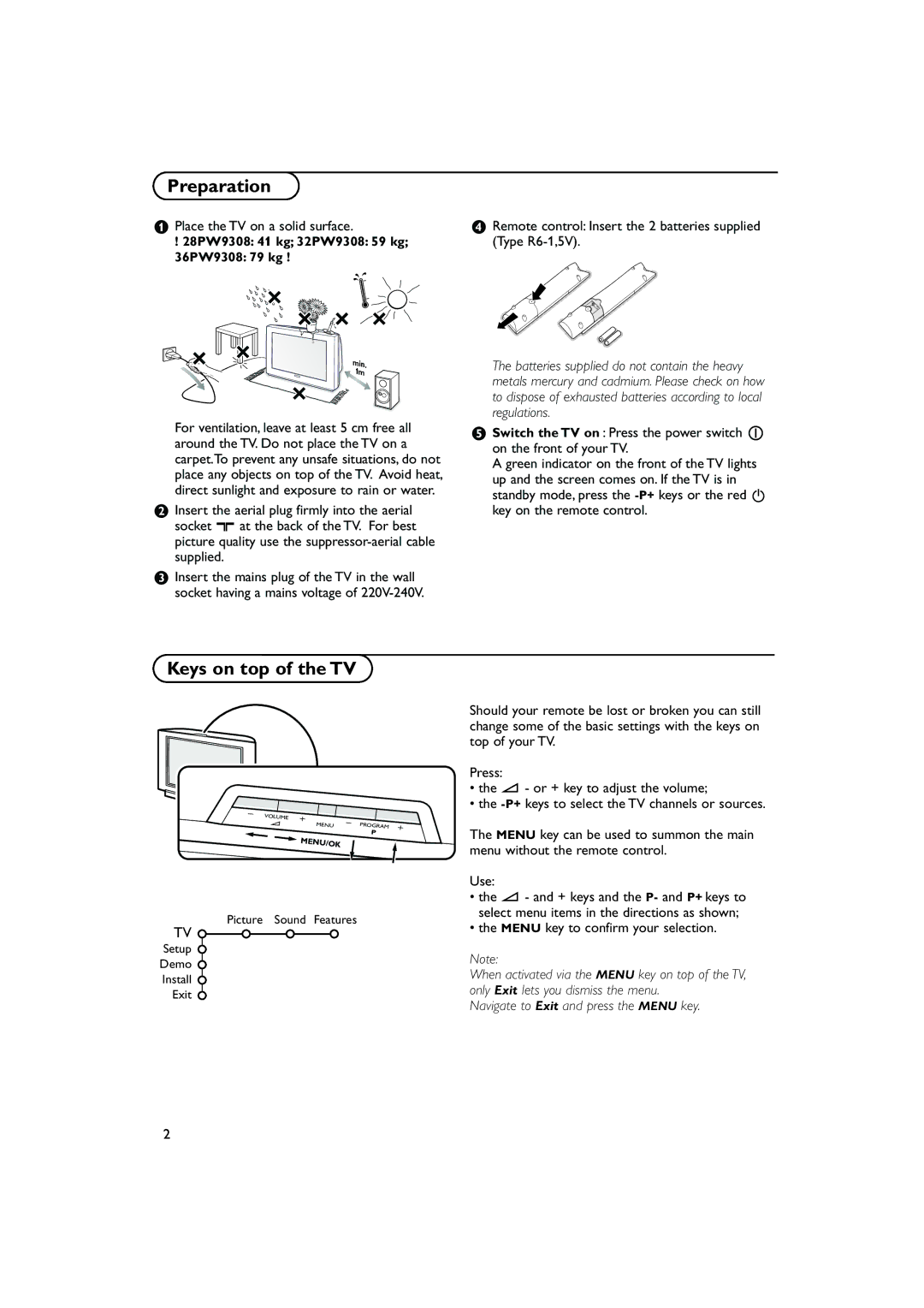 Philips 36PW 9308 Preparation, Keys on top of the TV, Place the TV on a solid surface, Menu key to confirm your selection 