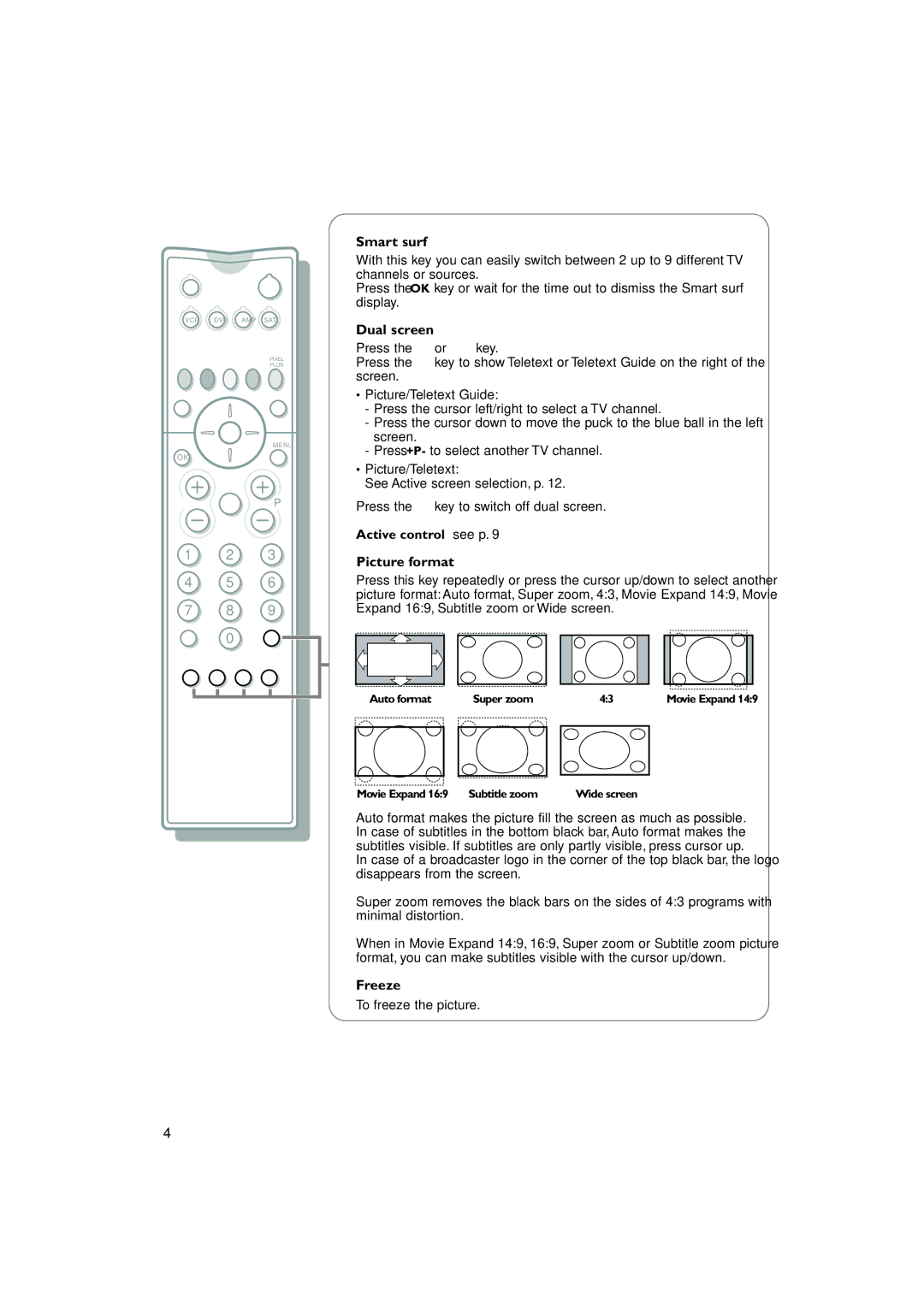 Philips 36PW 9308, 32PW 9308 manual Smart surf, Dual screen, QPicture format, Freeze, Active control see p 