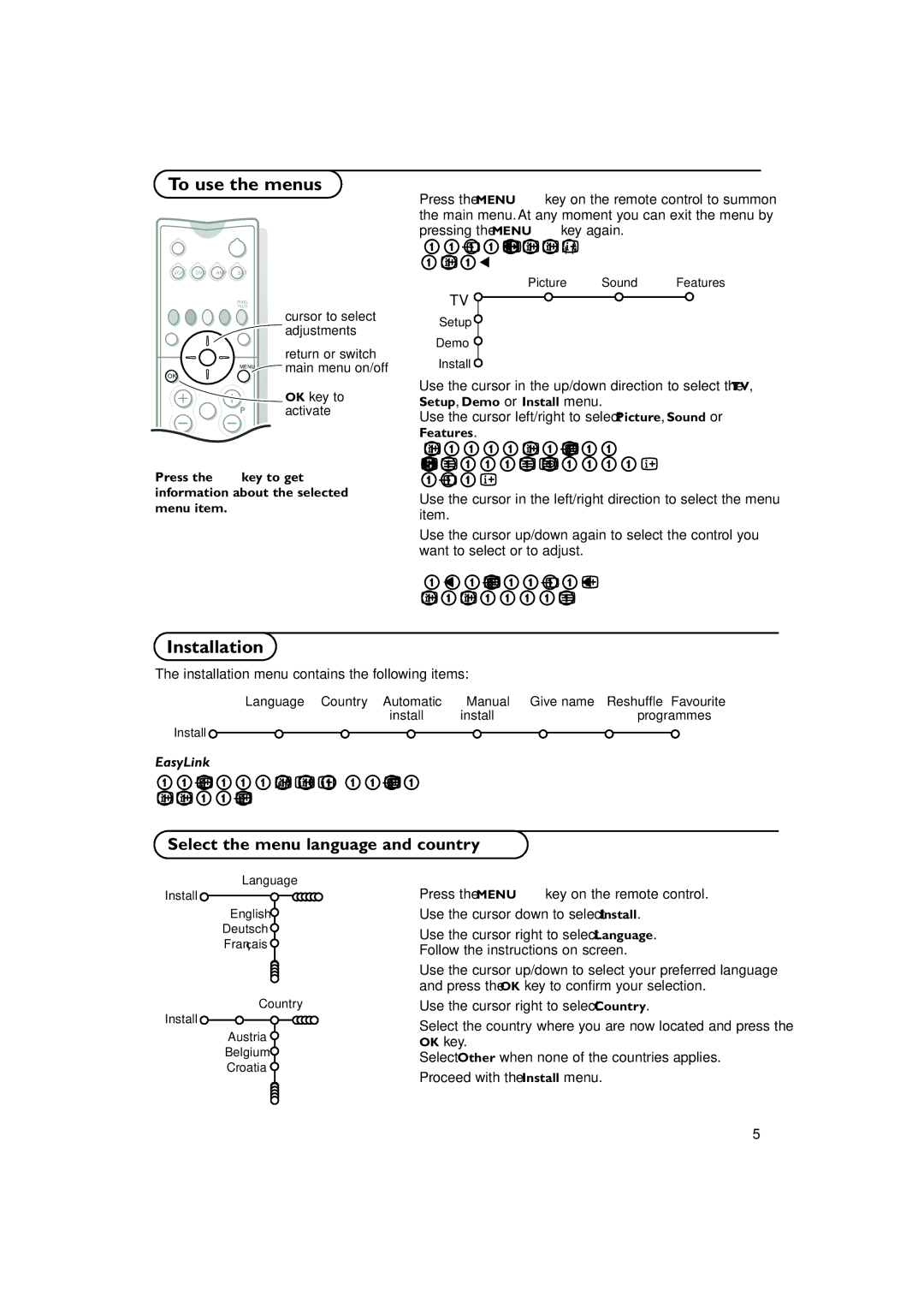 Philips 32PW 9308, 36PW 9308 manual To use the menus, Select the menu language and country, Menu items are present 