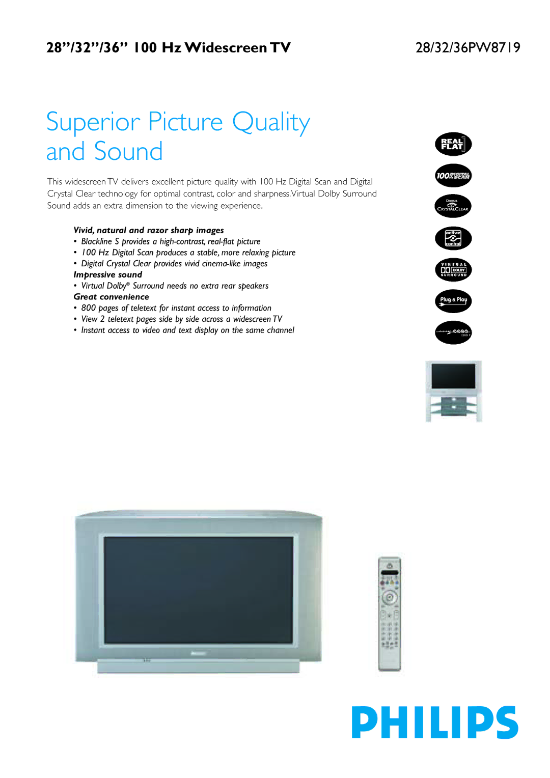 Philips 36PW8719 manual Superior Picture Quality Sound 