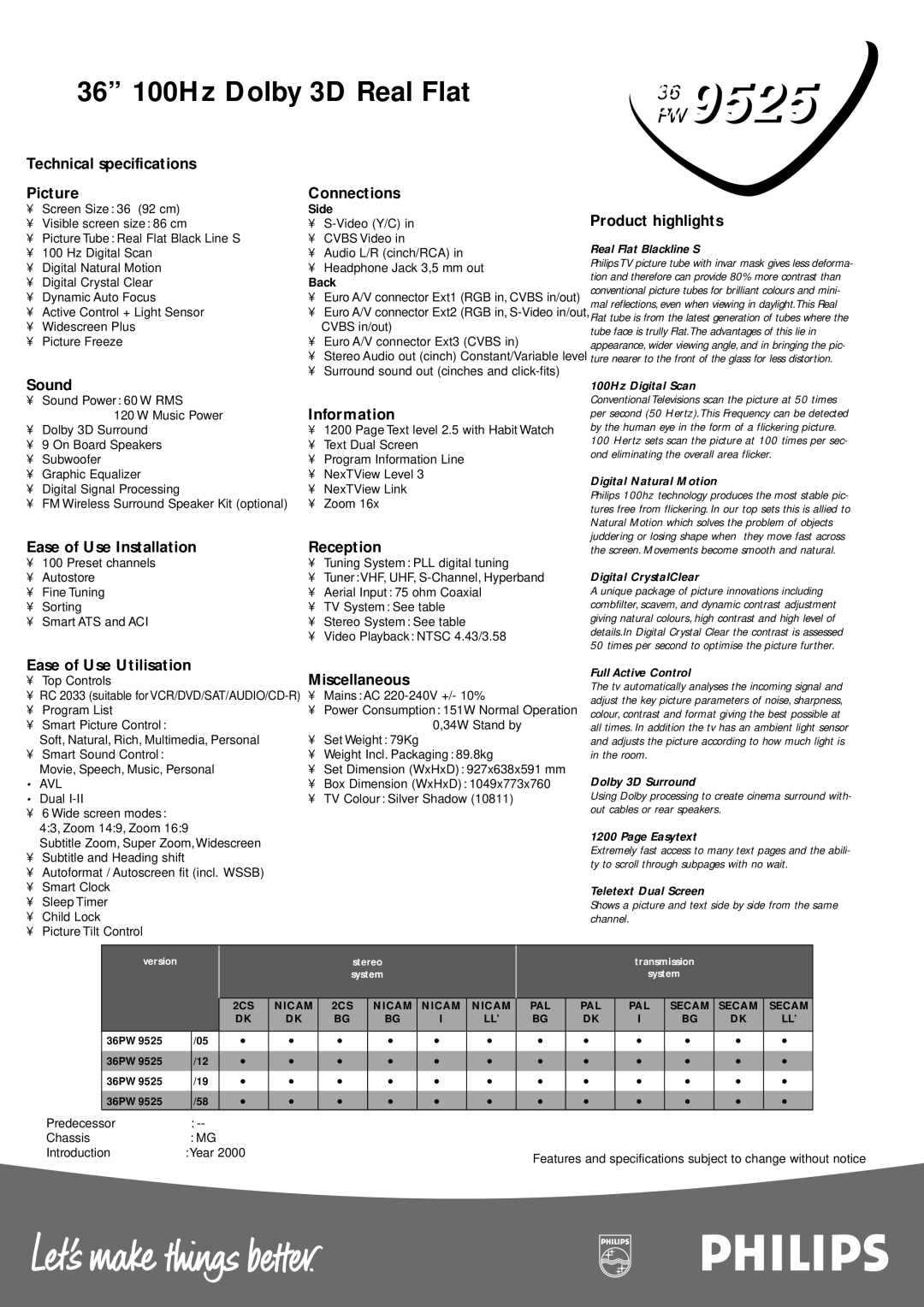 Philips 36PW9525/79R manual Technical specifications Picture, Connections, Product highlights, Sound, Information 