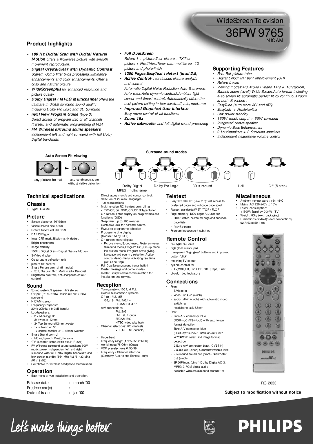 Philips 36PW9765NICAM Product highlights, Supporting Features, Technical specifications Chassis, Picture, Teletext, Sound 