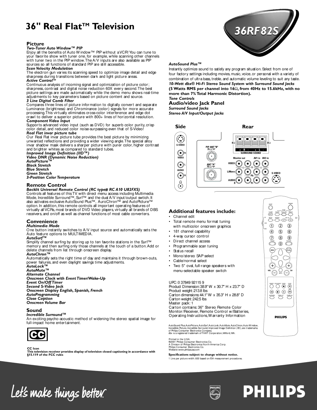 Philips 36RF82S Picture, Remote Control, Convenience, Audio/video Jack Panel, SideRear, Additional features include, Sound 