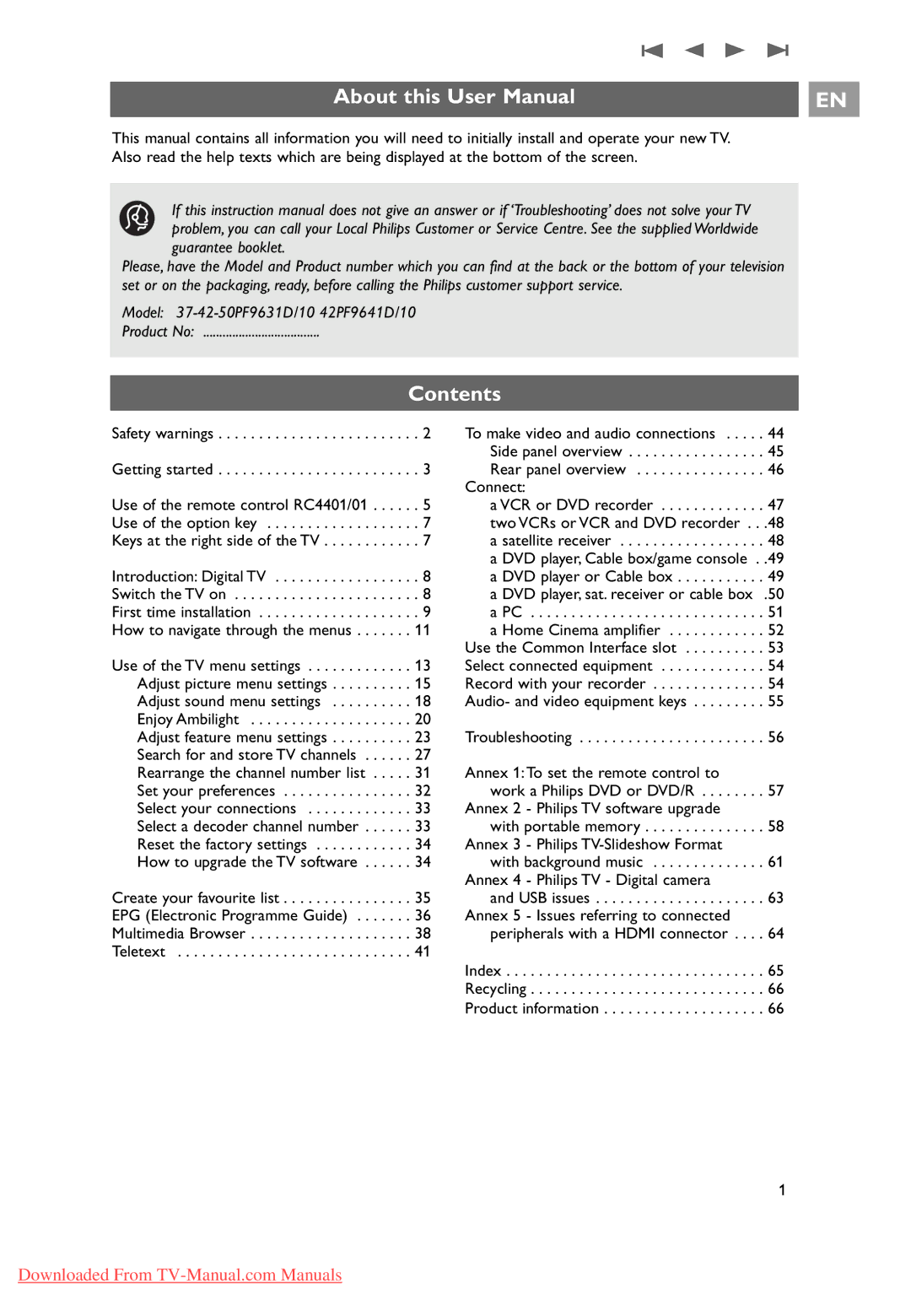 Philips 10 42PF9641D/10, 37-42-50PF9631D user manual Contents 