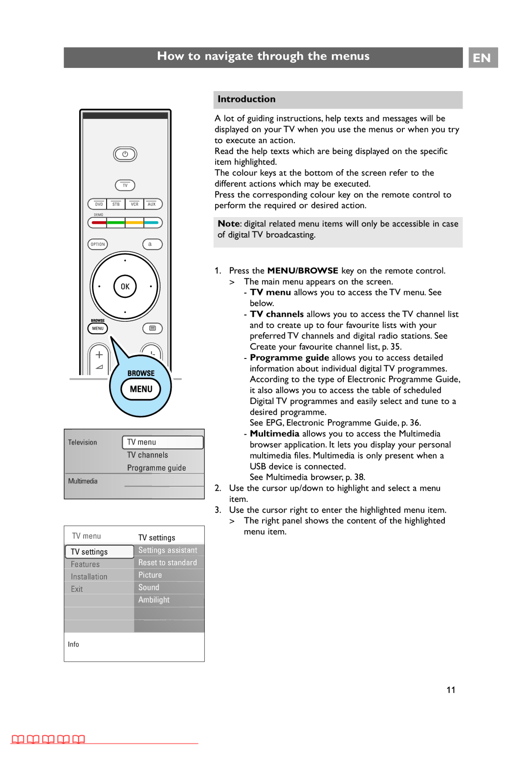 Philips 10 42PF9641D/10, 37-42-50PF9631D user manual How to navigate through the menus, Introduction 