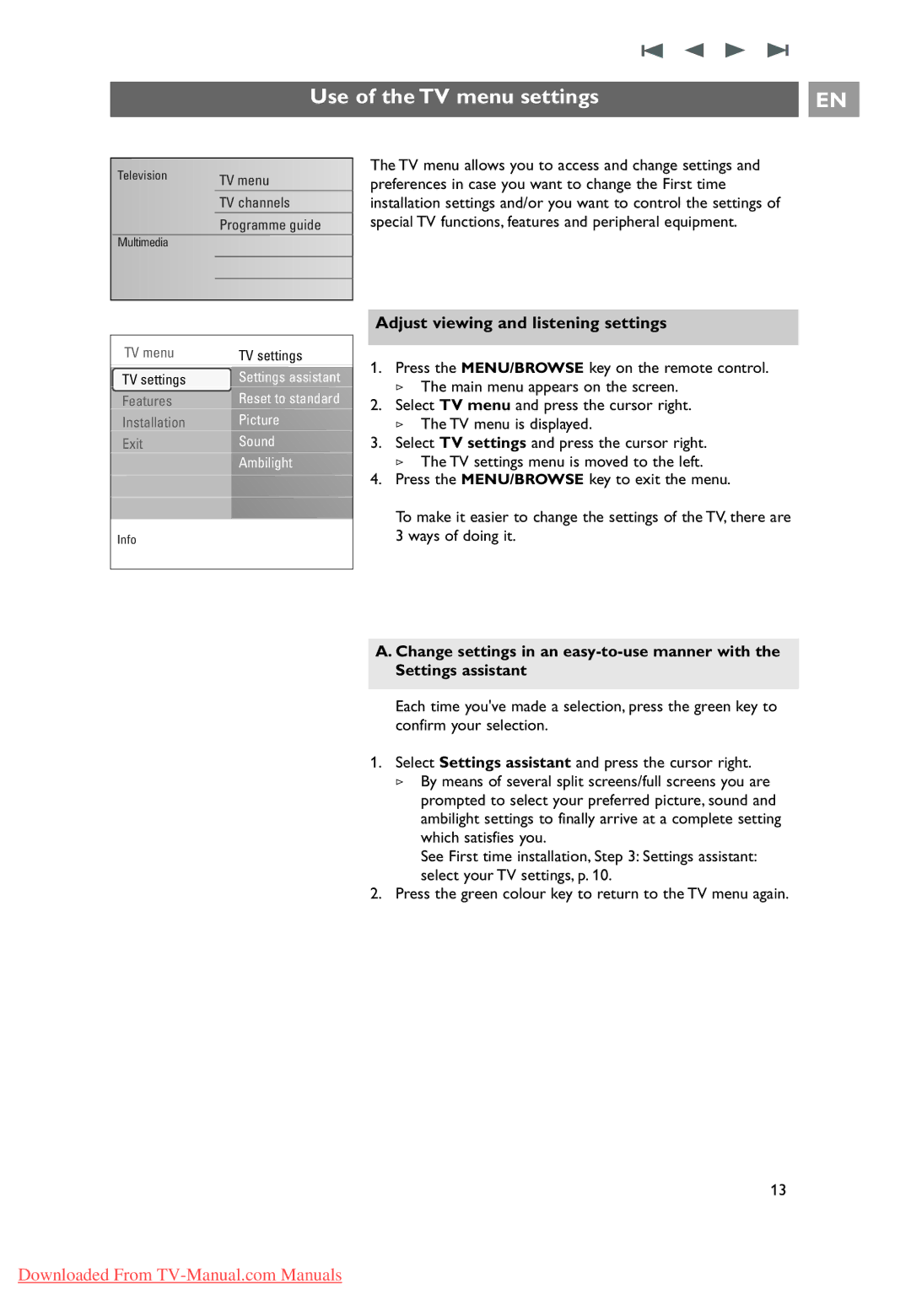 Philips 10 42PF9641D/10 user manual Use of the TV menu settings, Adjust viewing and listening settings, Settings assistant 