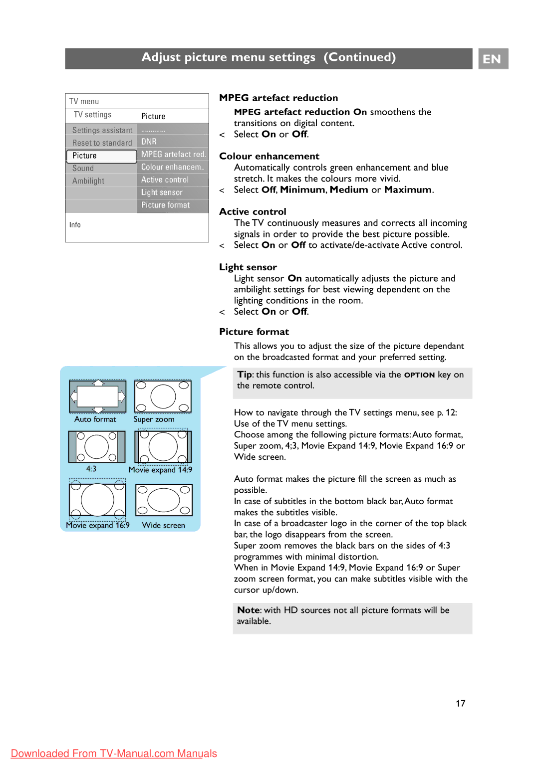 Philips 10 42PF9641D/10 user manual Colour enhancement, Select Off, Minimum, Medium or Maximum Active control, Light sensor 