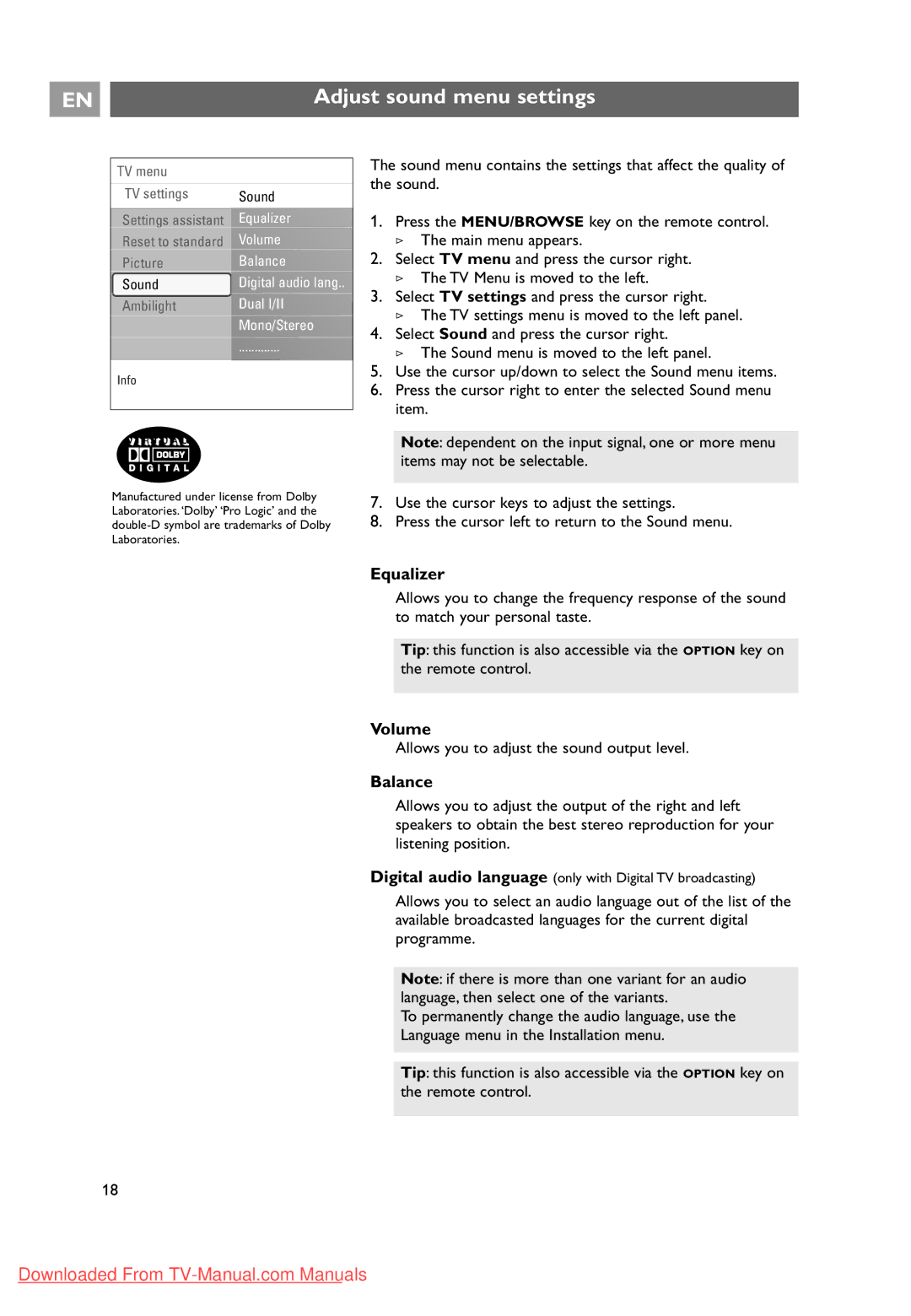 Philips 37-42-50PF9631D Adjust sound menu settings, Volume, Balance, Allows you to adjust the sound output level 