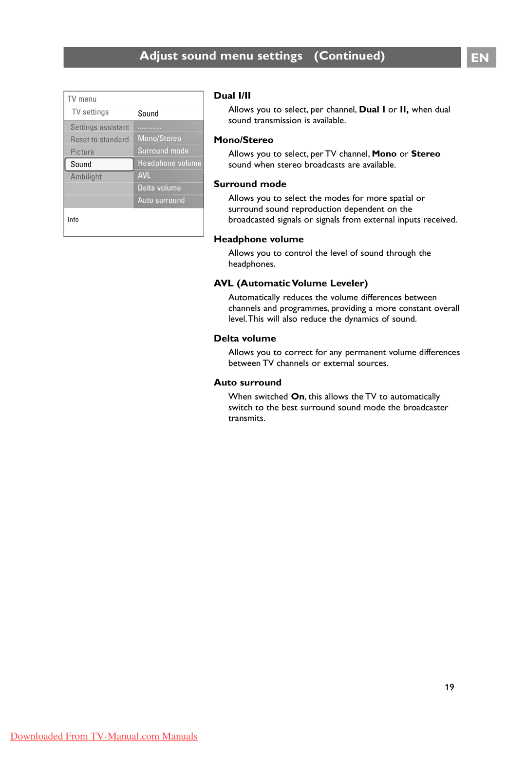 Philips 10 42PF9641D/10 user manual Dual I/II, Mono/Stereo, Surround mode, Headphone volume, AVL Automatic Volume Leveler 