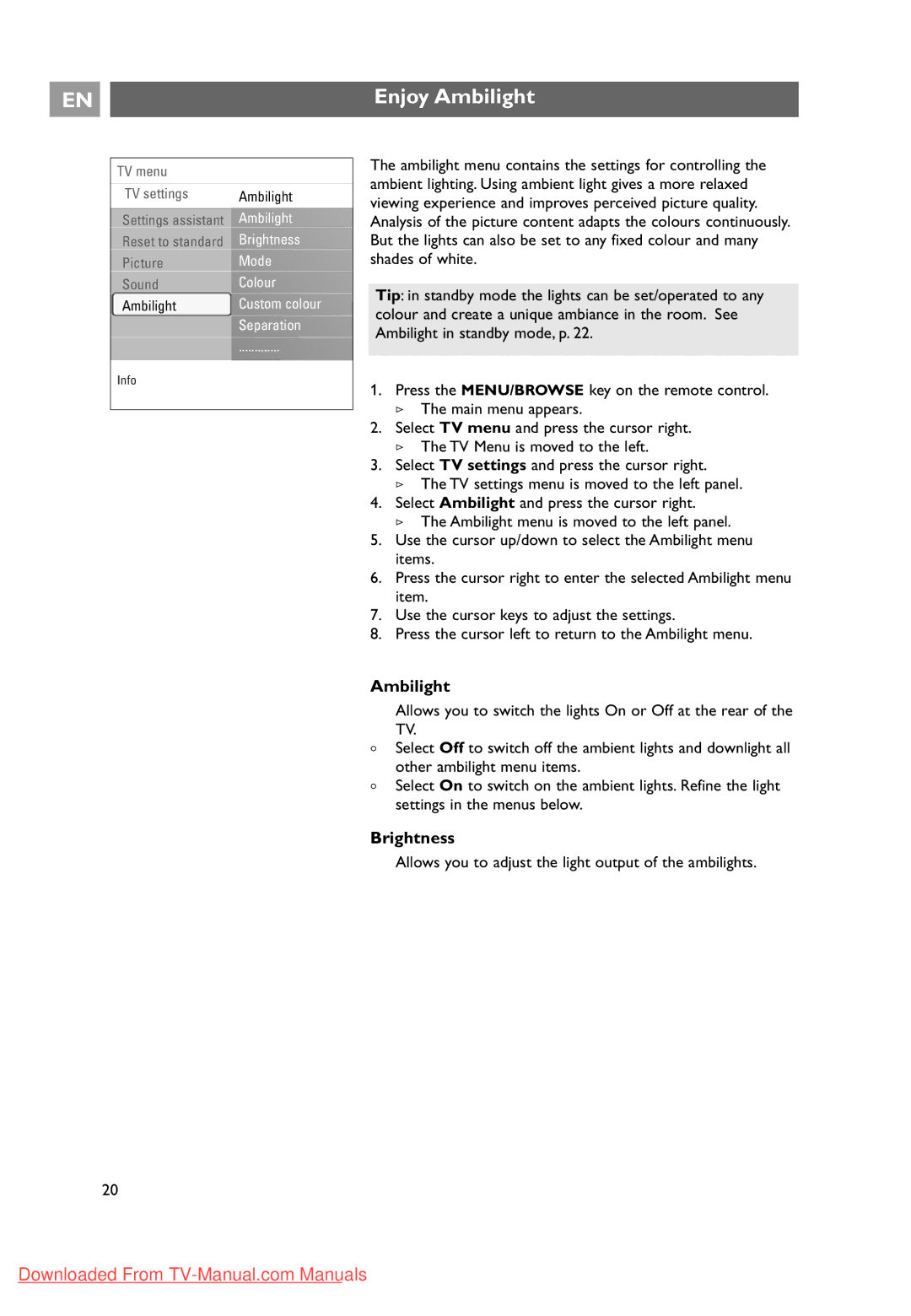 Philips 37-42-50PF9631D user manual Enjoy Ambilight, Brightness, Allows you to adjust the light output of the ambilights 